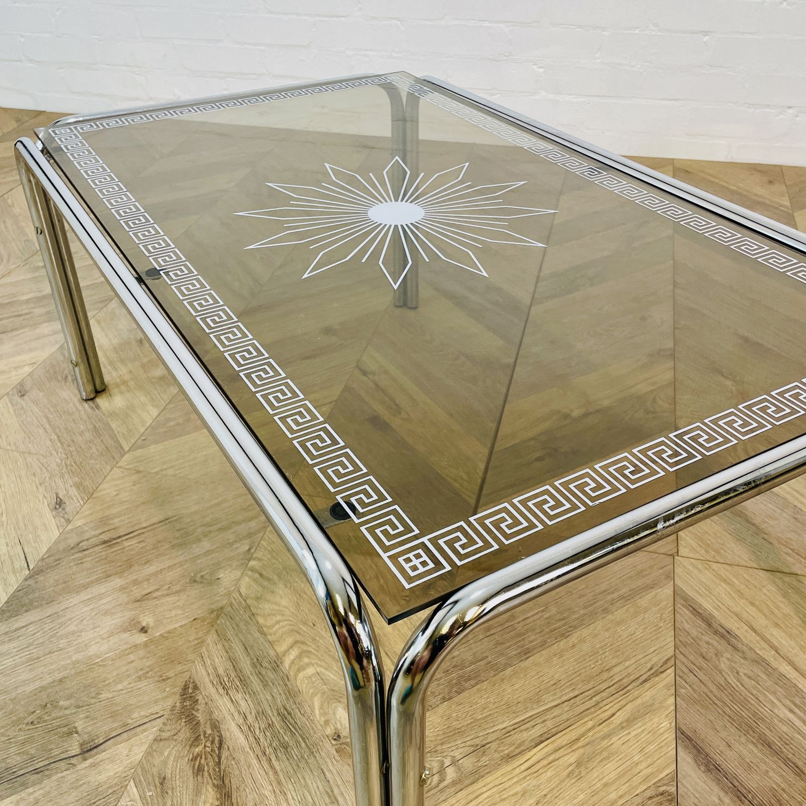Vintage Italian Smoked Glass + Chrome Coffee Table With Detailed Top, 1970s photo Furniture