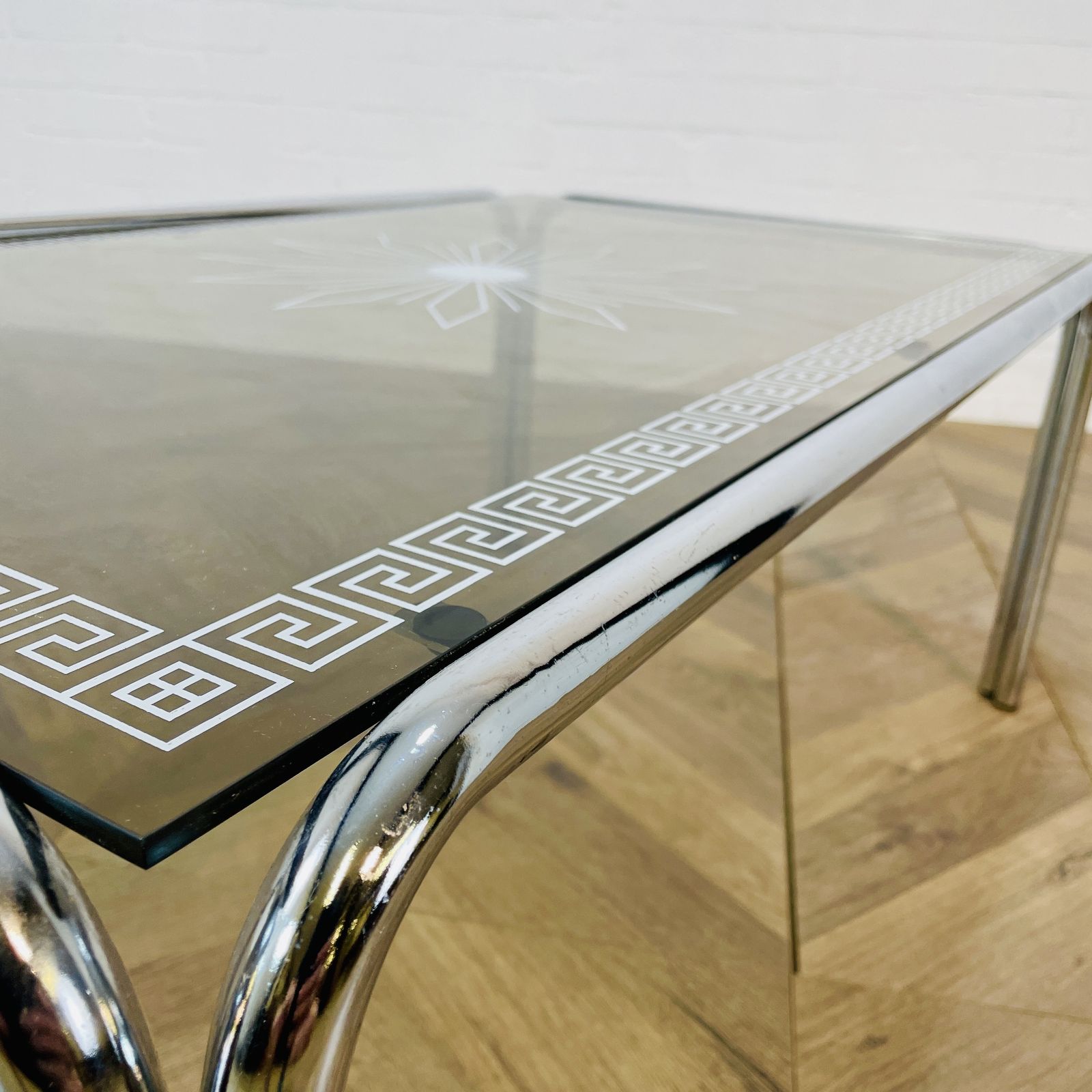Vintage Italian Smoked Glass + Chrome Coffee Table With Detailed Top, 1970s photo vinterior