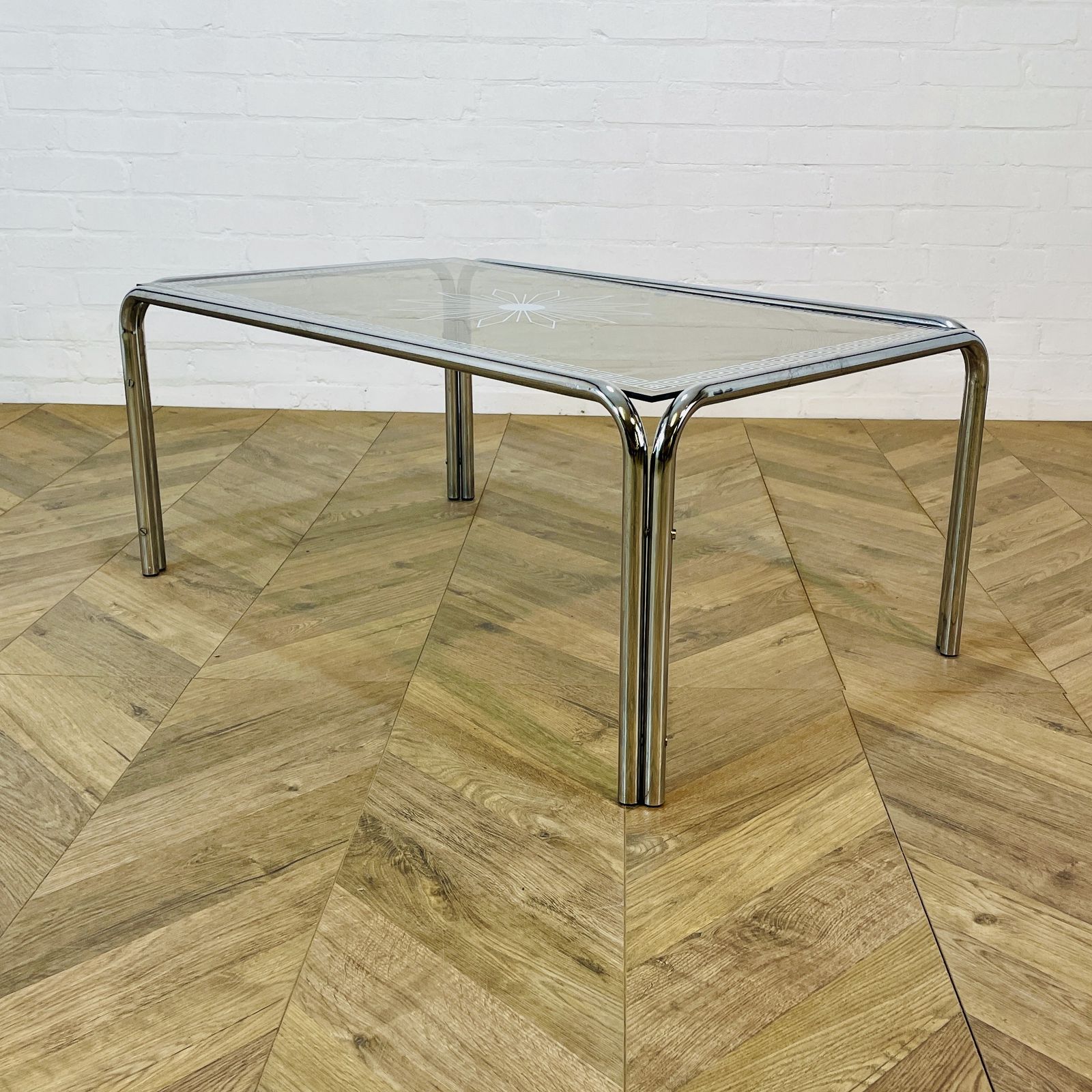 photo for sale Vintage Italian Smoked Glass + Chrome Coffee Table With Detailed Top, 1970s