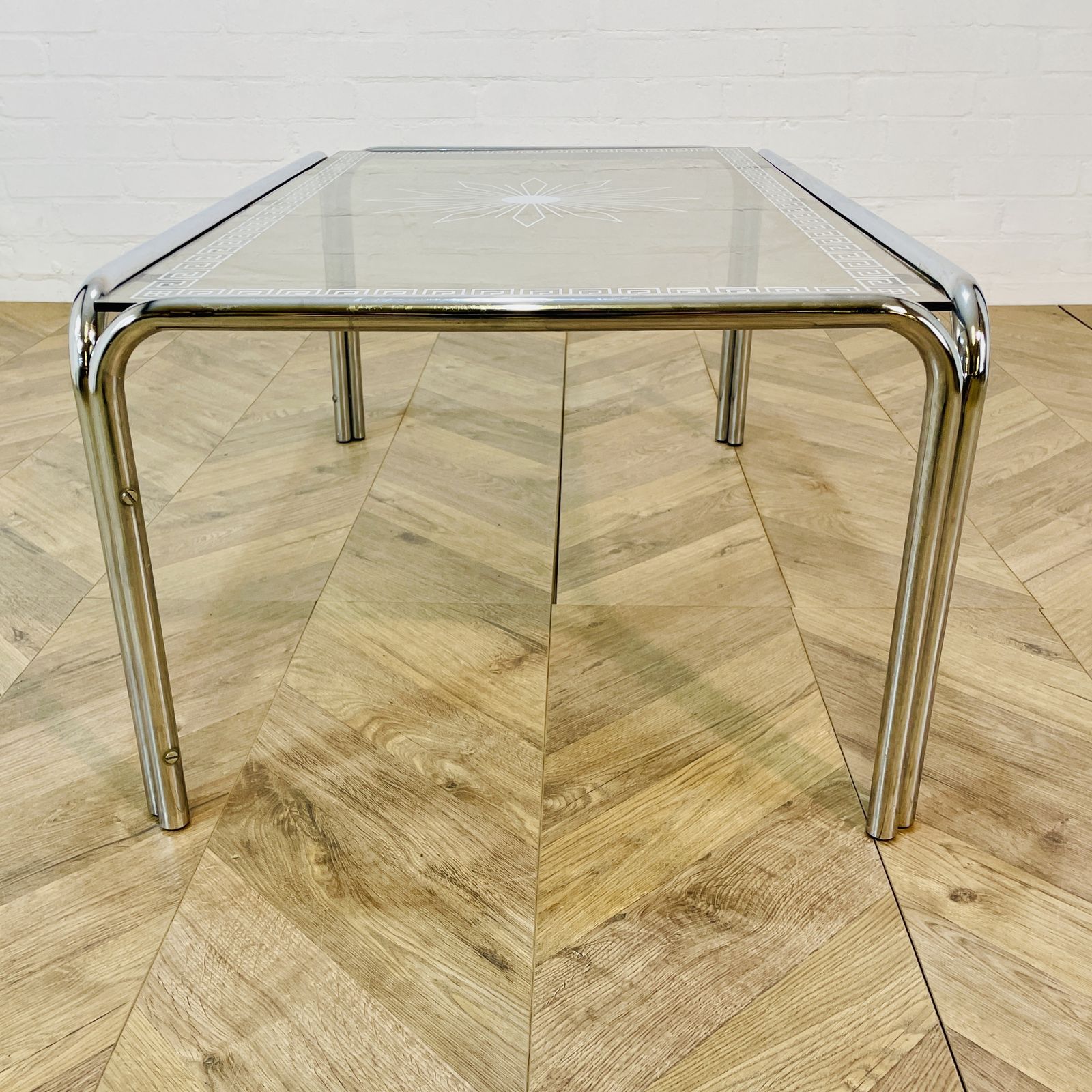 Furniture Vintage Italian Smoked Glass + Chrome Coffee Table With Detailed Top, 1970s photo