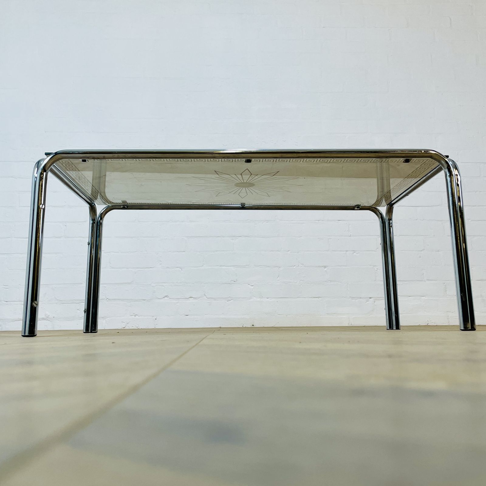 295.0 Vintage Italian Smoked Glass + Chrome Coffee Table With Detailed Top, 1970s photo
