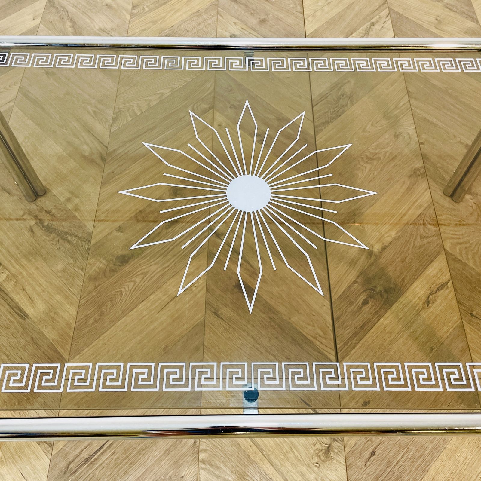 photo buy Vintage Italian Smoked Glass + Chrome Coffee Table With Detailed Top, 1970s