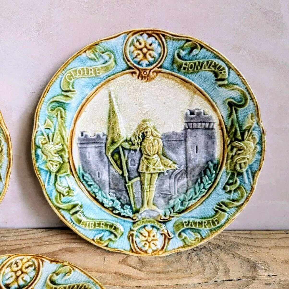 Antique French Majolica Plates  Hand Painted 'Joan Of Arc' Decorative Plates C1900 photo vinterior