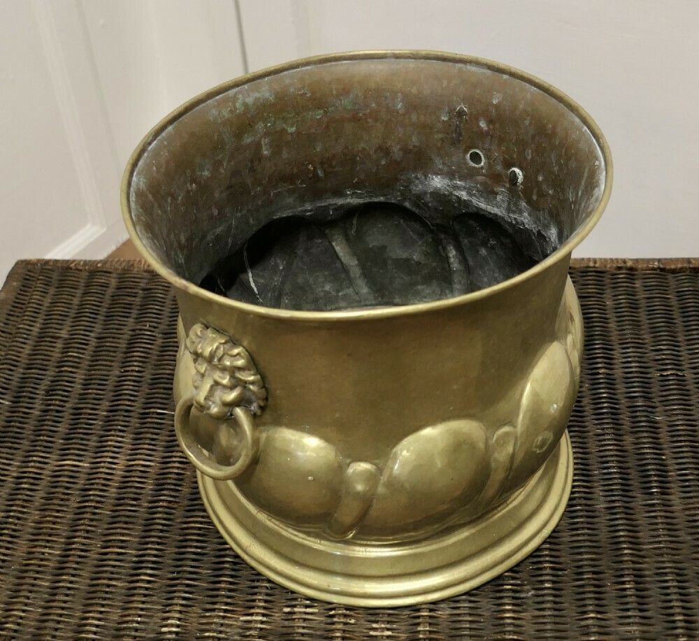 Large Arts And Crafts Brass Jardiniere With Lions Mask Handles photo furniture
