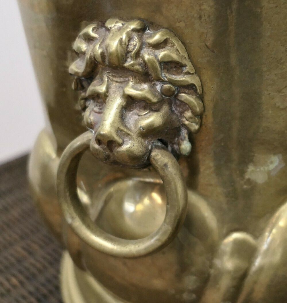 Large Arts And Crafts Brass Jardiniere With Lions Mask Handles photo vinterior