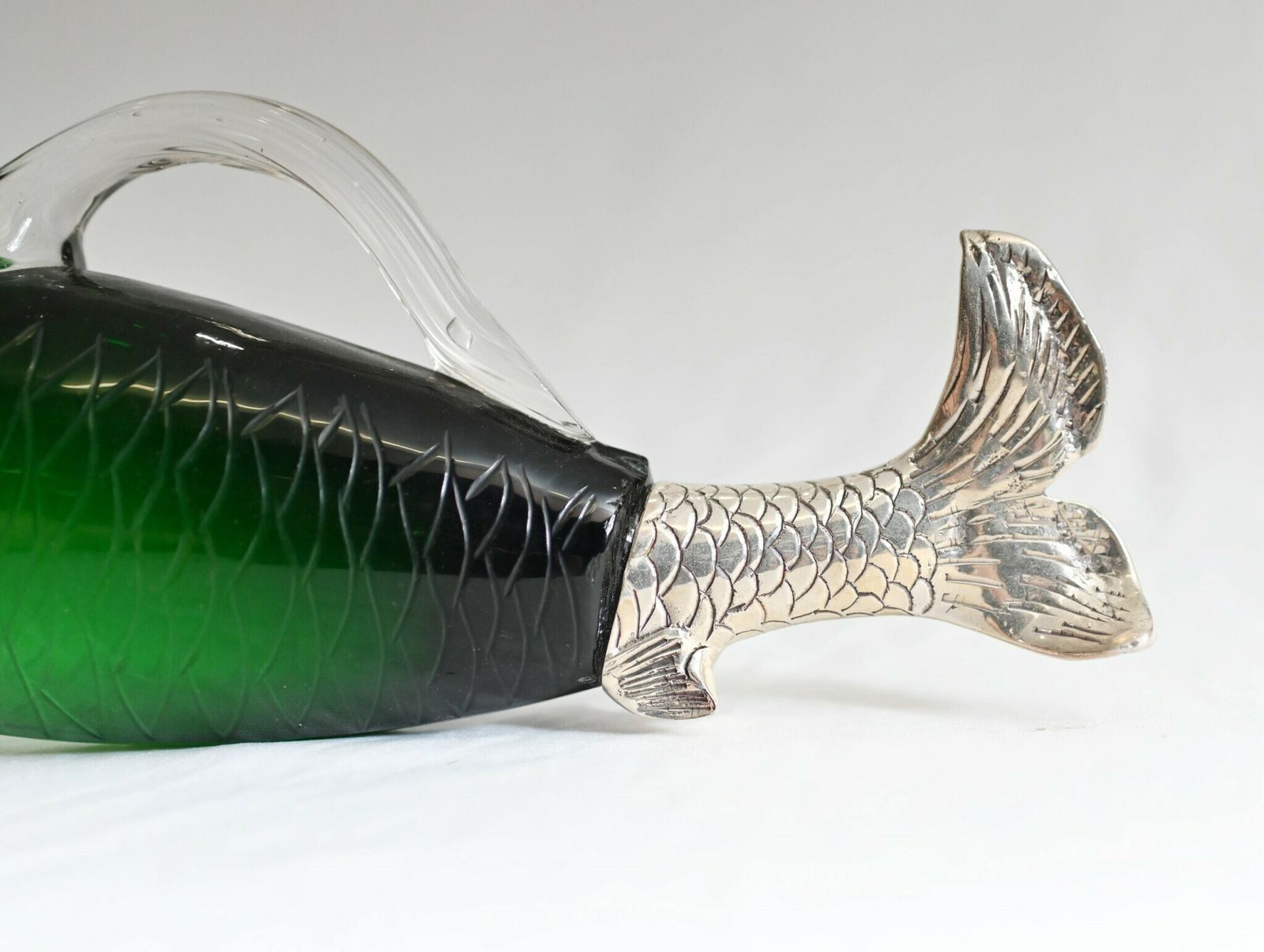 Silver Plate Fish Bottle Green Glass Decanter photo furniture