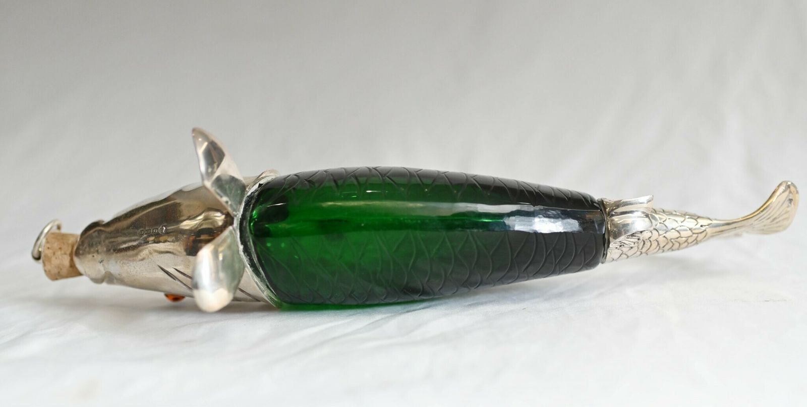 Silver Plate Fish Bottle Green Glass Decanter photo Home Decor