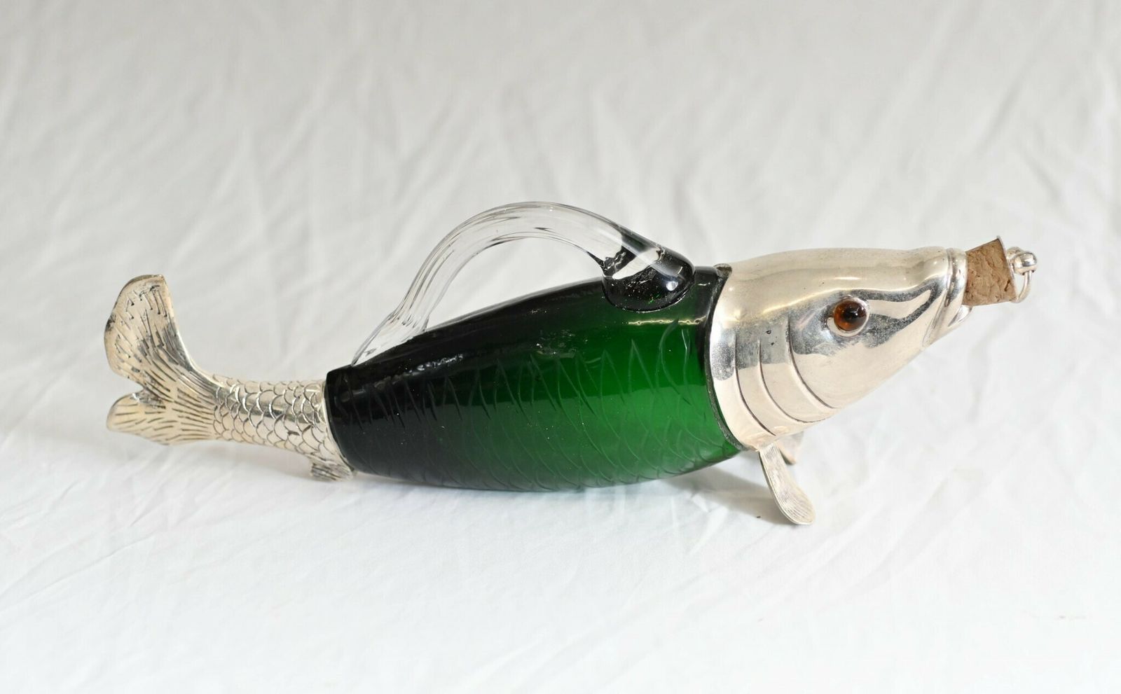 Silver Plate Fish Bottle Green Glass Decanter photo vinterior