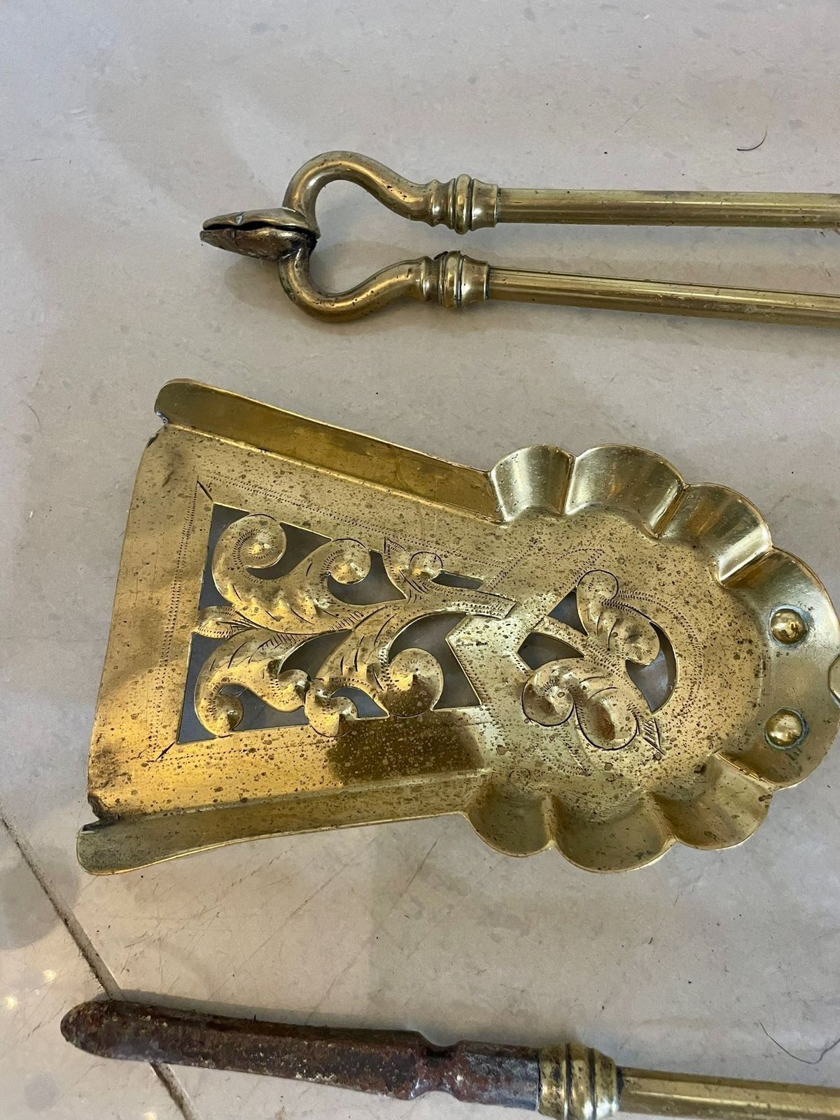 Set Of Antique 19th Century Quality Brass Fire Irons photo for sale