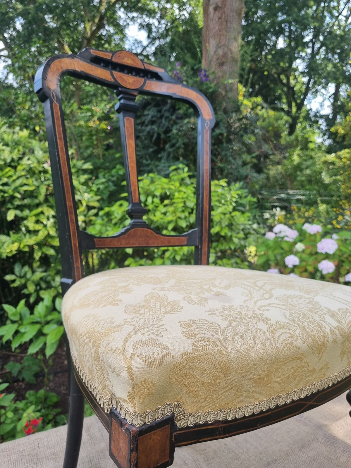 Ornate Carved Wood Chair With Gold Damask Upholstery photo vinterior