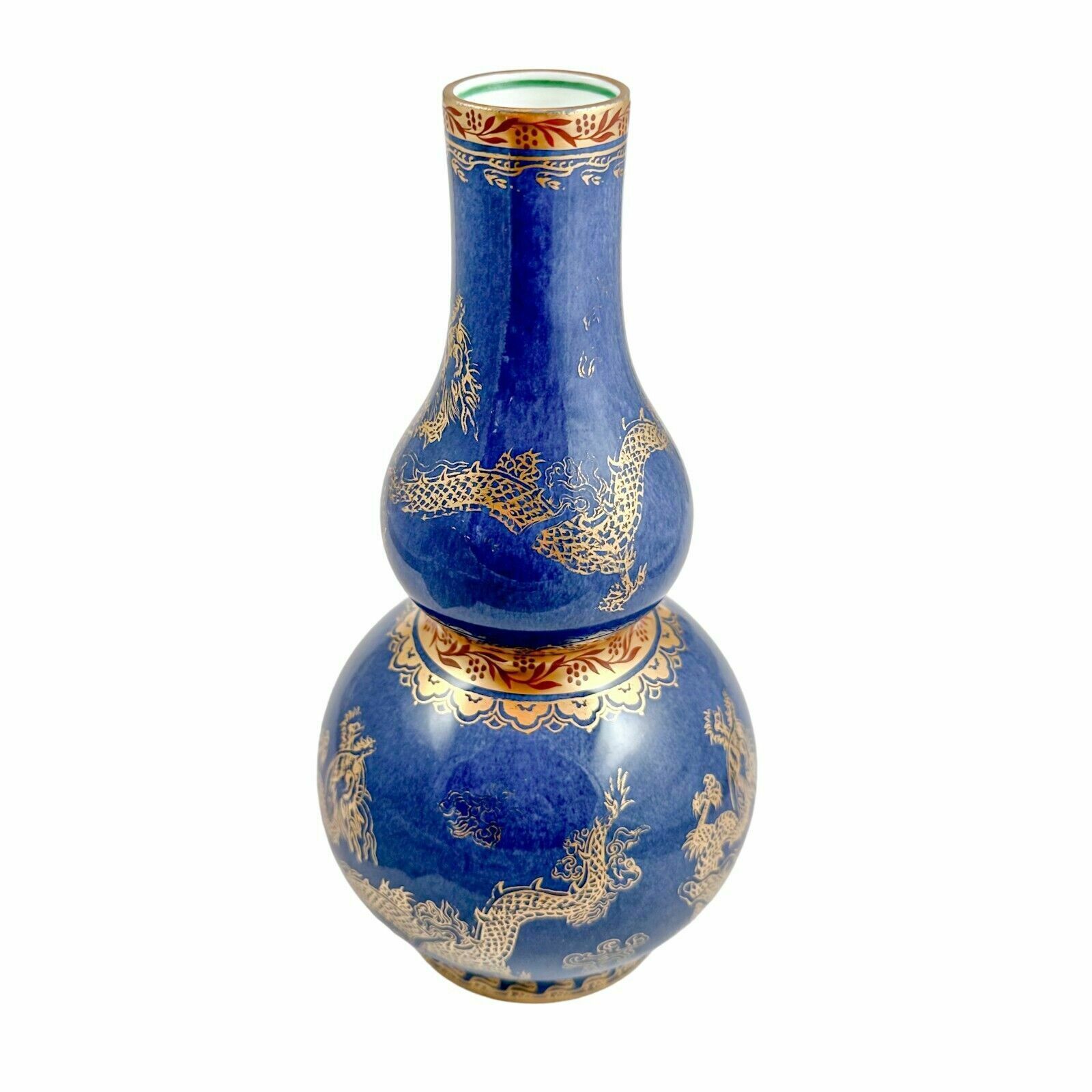 Antique Wedgwood Daisy Makeig Jones Porcelain Blue Gold Double Gourd Dragon Vase photo for sale