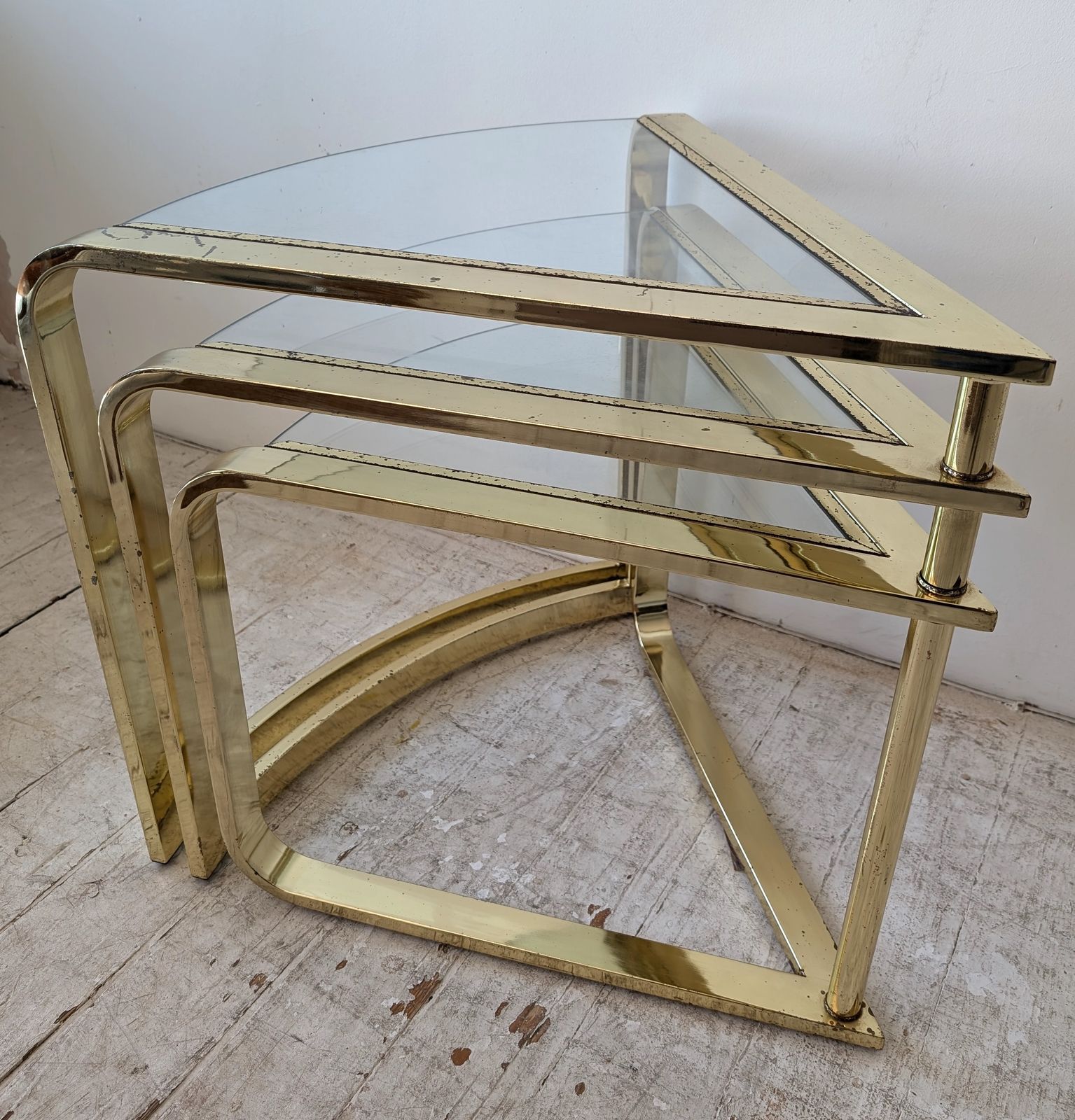 1500.0 Rare Vintage Swivelling Three Tier Brass & Glass Coffee Table By Design Institute Of America, USA 1970s / 1980s photo