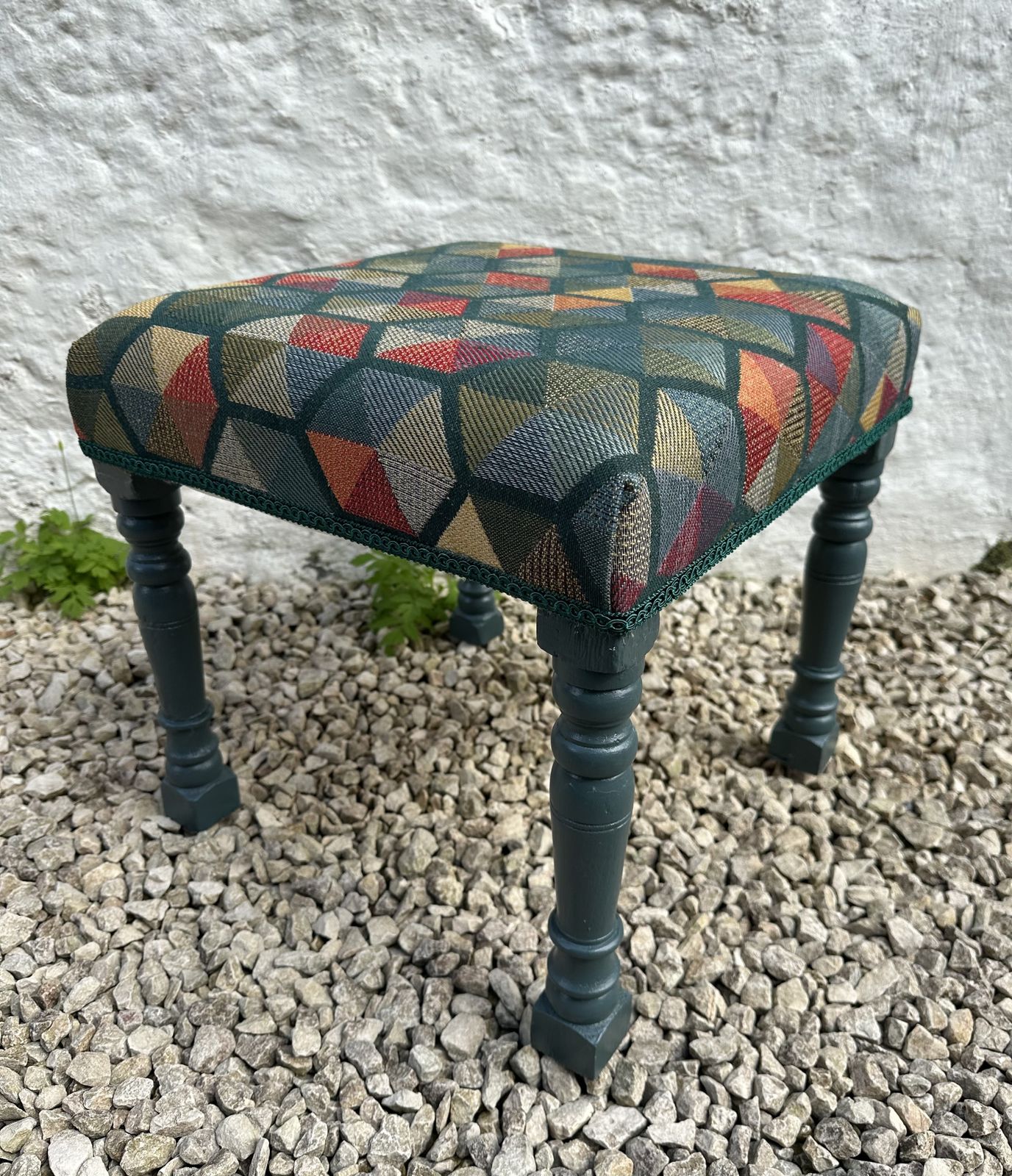 Footstool With Retro Geometric Upholstery, Green Trim And Reclaimed Painted Legs photo furniture