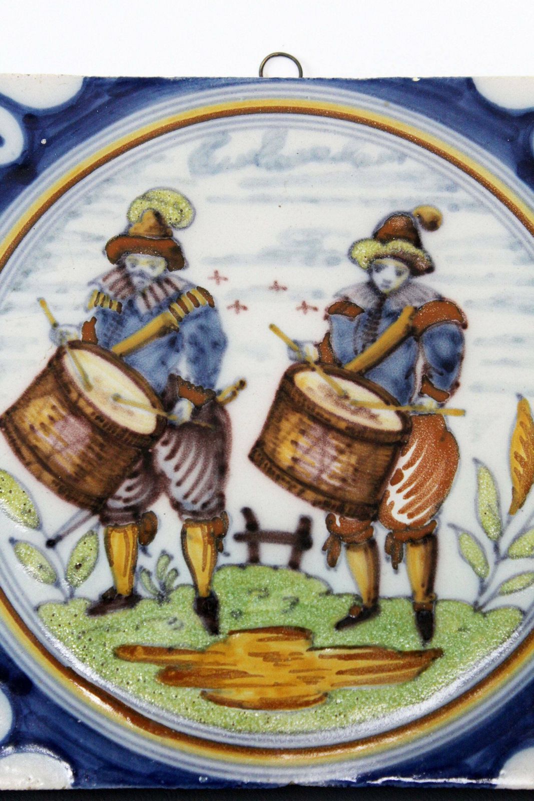 2 Vintage Ceramic Tile / Trivet, Hand Painted Design, Antique Dutch Style, Cork Backing, Horseback Knight Rider, Musician Drum Playing photo Home Fixtures