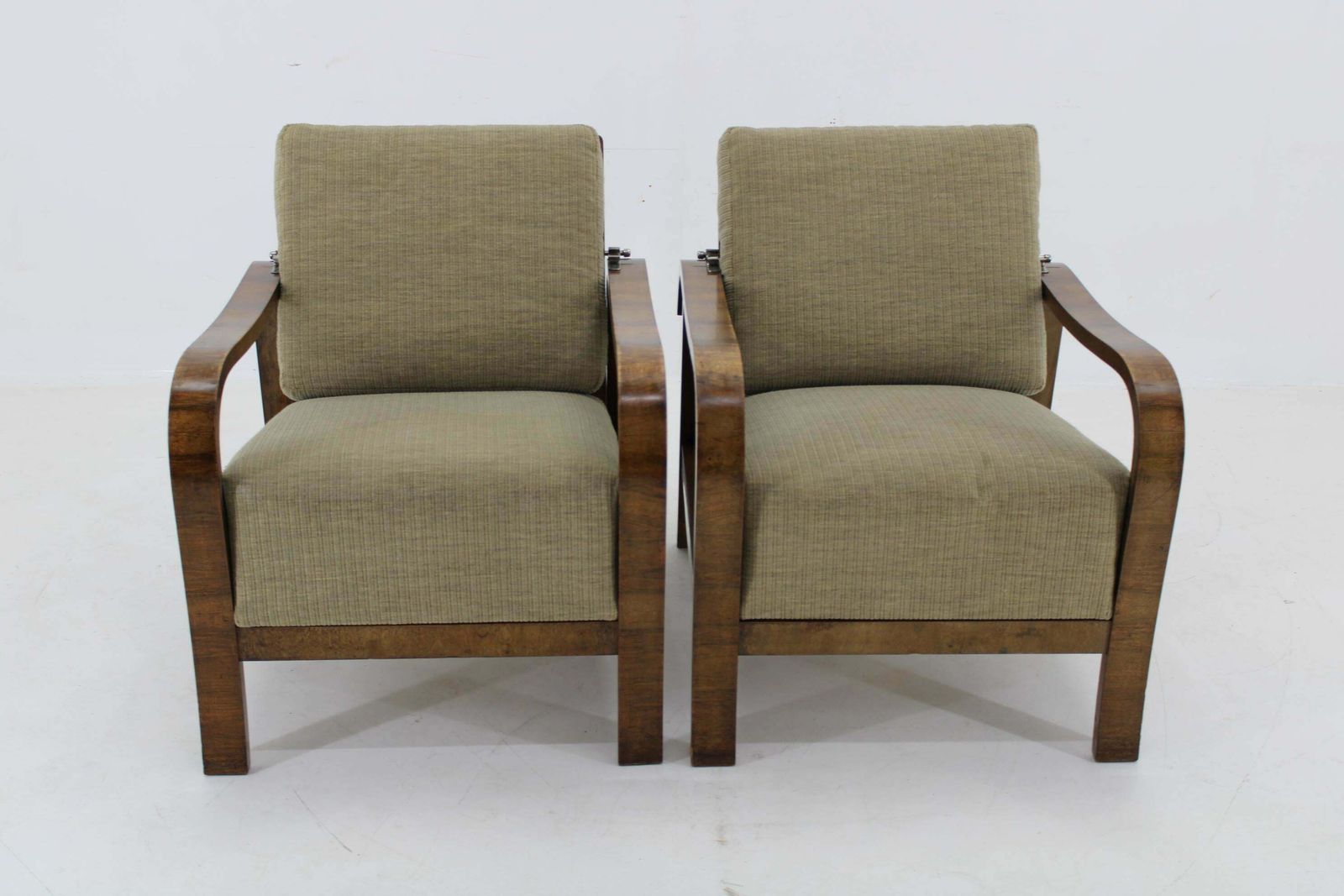 1930s Pair Of Art Deco Armchairs In Walnut Finish, Czechoslovakia photo for sale