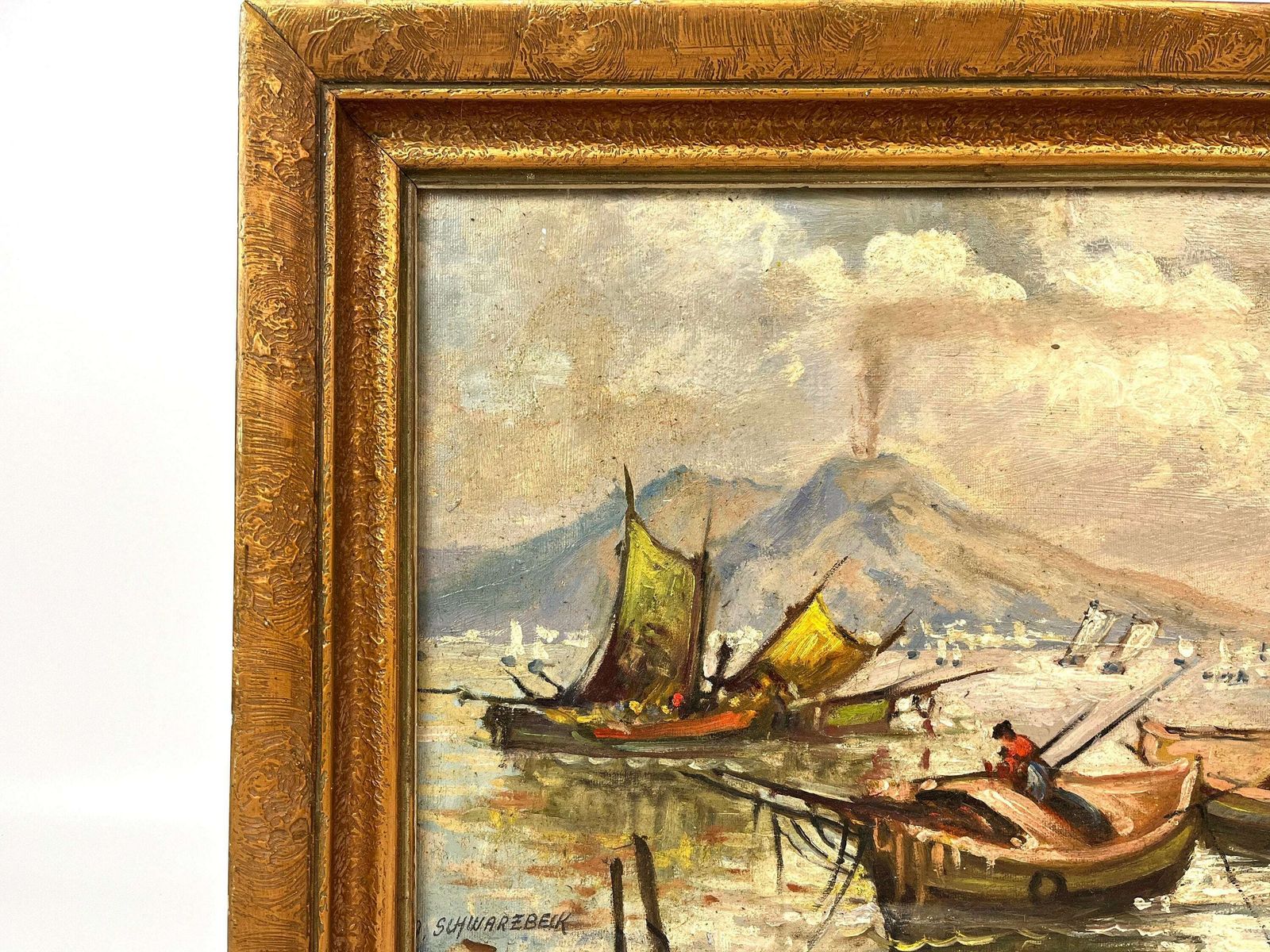 Antique Oil Painting Smoking Vesuv Vulcano Gulf Of Naples By A. Schwarzbeck About 1880 photo 650.0