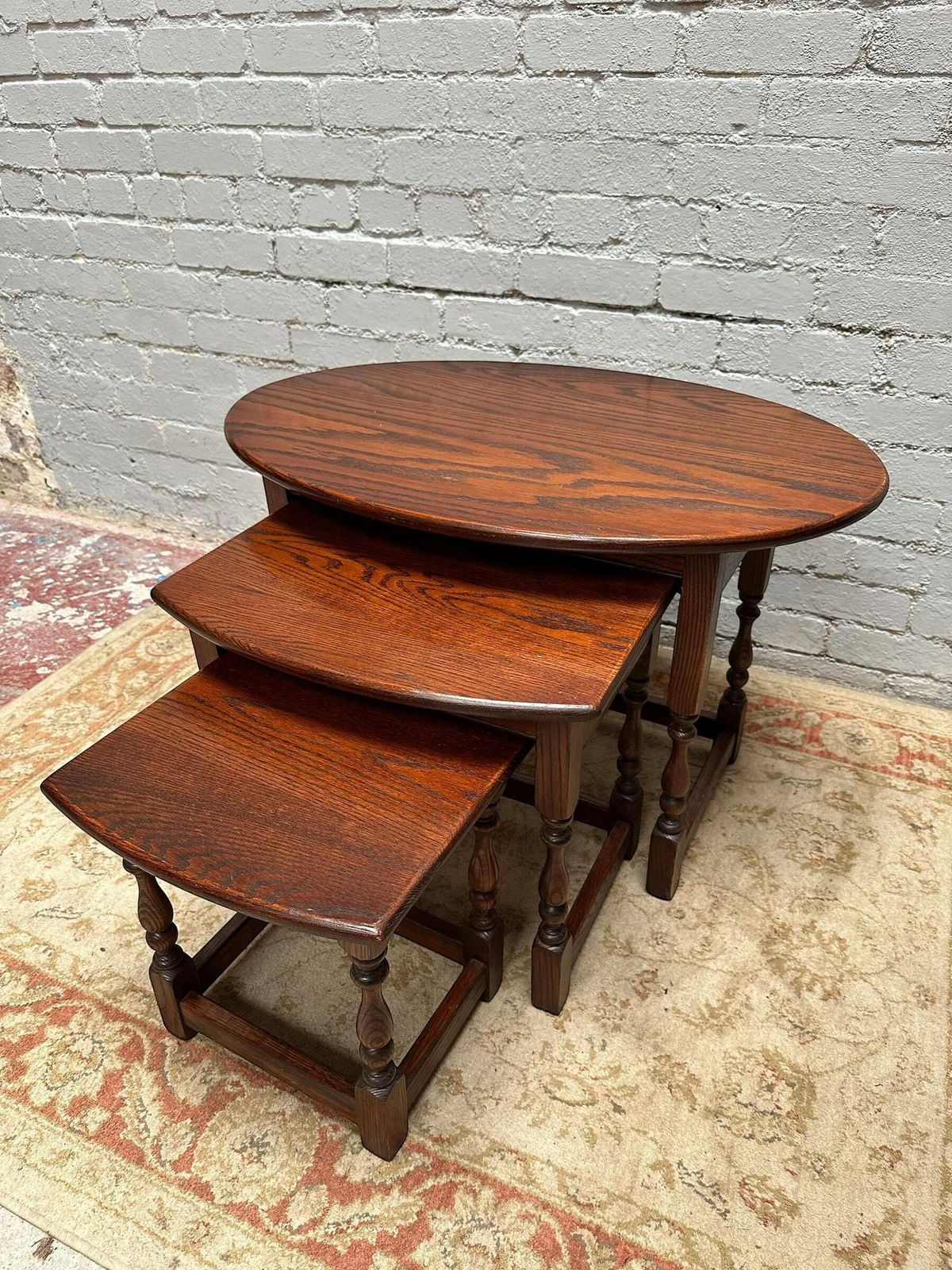 Vintage Old Charm Wood Bros / Tudor Brown / Oval Oak Nest Of 3 Tables