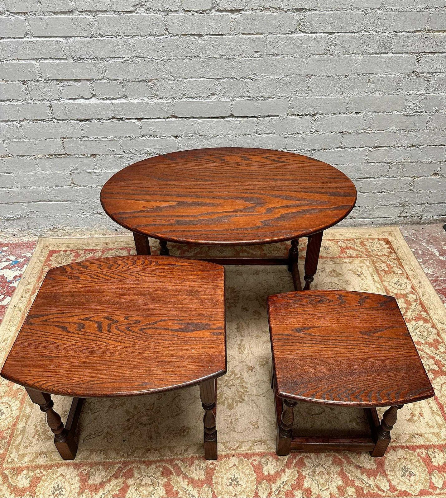 Vintage Old Charm Wood Bros / Tudor Brown / Oval Oak Nest Of 3 Tables photo Furniture