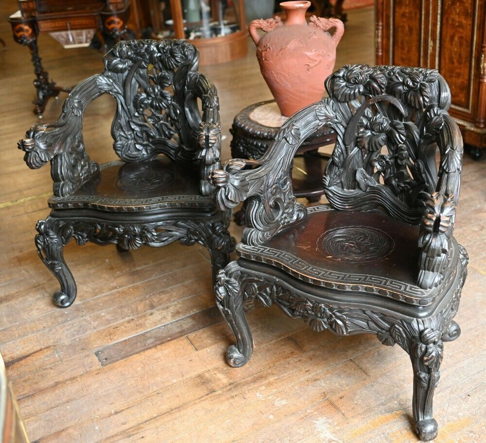 Pair Chinese Qing Arm Chairs Hand Carved 19th Century