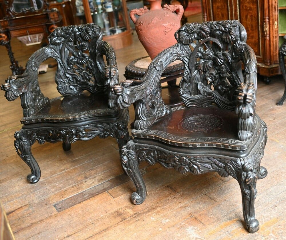 Pair Chinese Qing Arm Chairs Hand Carved 19th Century photo for sale