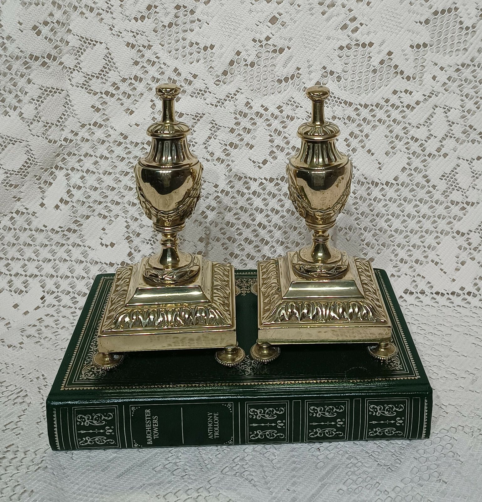 Antique Brass Mantel Urns Acanthus Leaf Motif With Grapes Leaves Motif. photo Home Decor