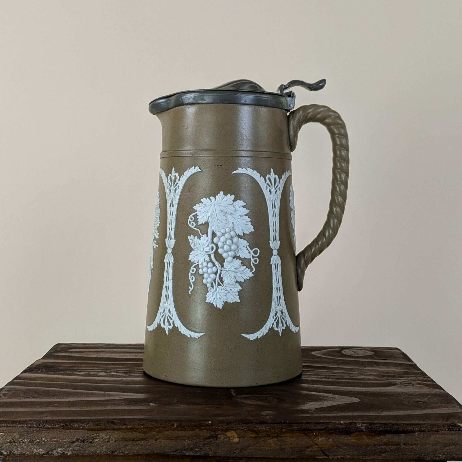 Antique English Pottery Pitcher By James Dudson With Dixon & Sons Pewter Lid, Antique Wine Jug photo furniture
