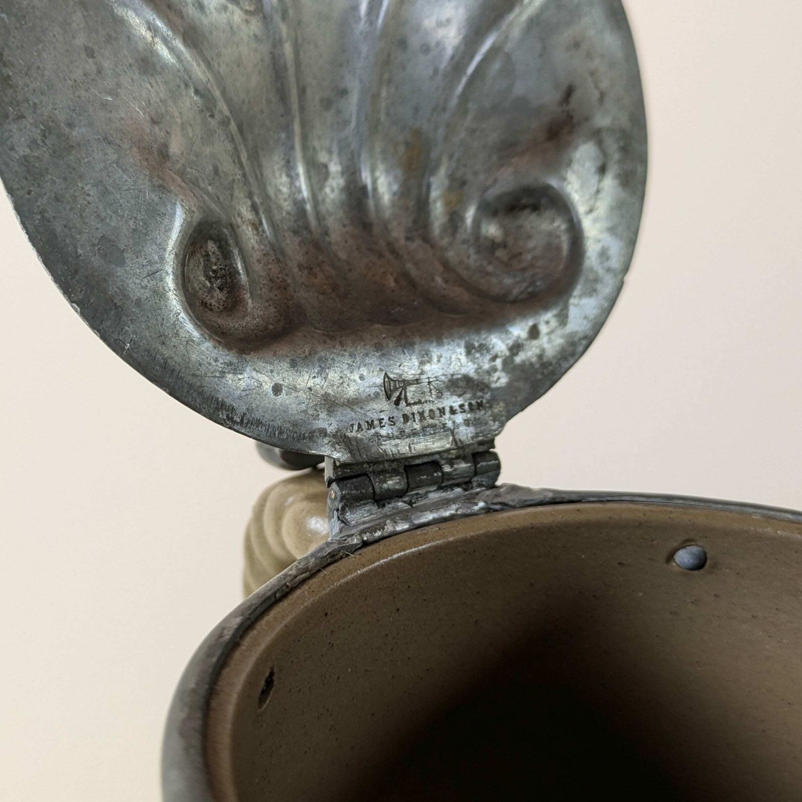 Antique English Pottery Pitcher By James Dudson With Dixon & Sons Pewter Lid, Antique Wine Jug photo for sale