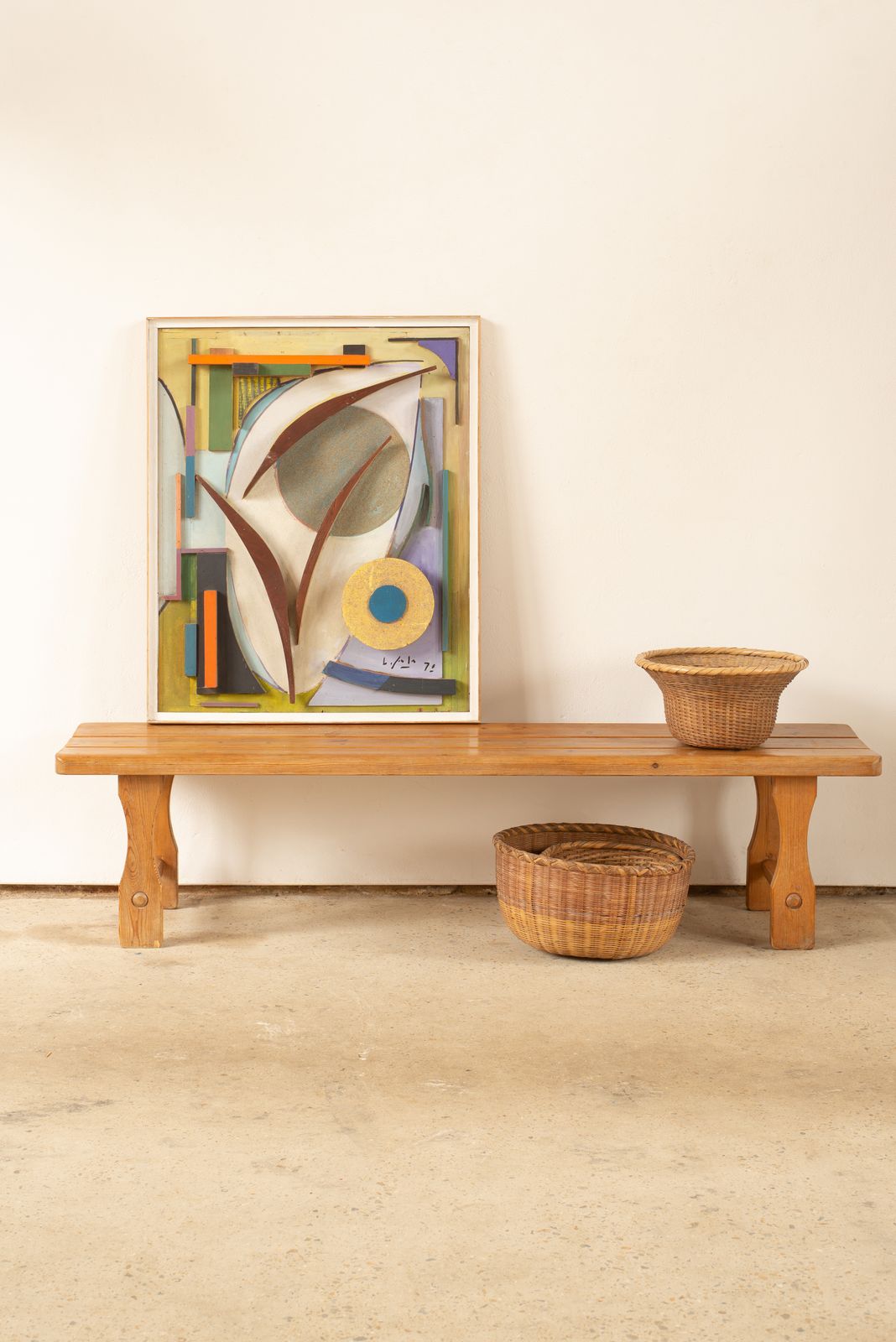 Mid Century Slatted Pine Bench France C1960 photo for sale