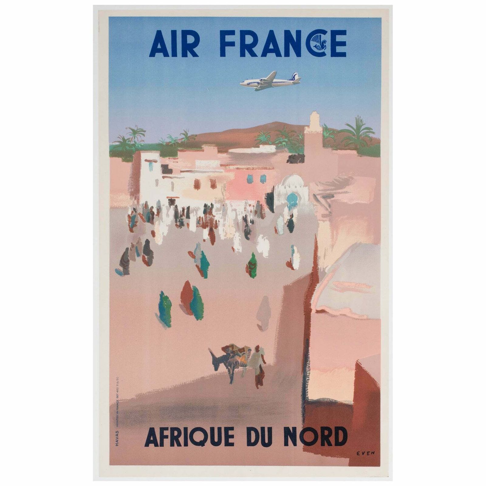 Air France Afrique Du Nord 1950 Travel Airline Advertising Poster, Jean Even