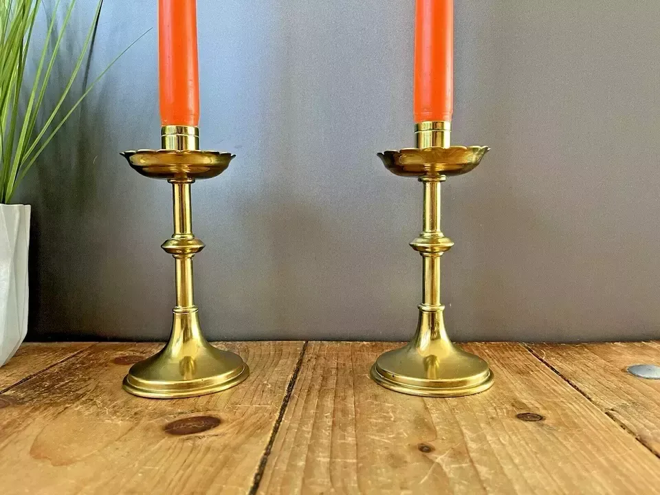 Pair Of Antique English Gothic Brass Altar Candlesticks Candle Holders Pugin photo for sale