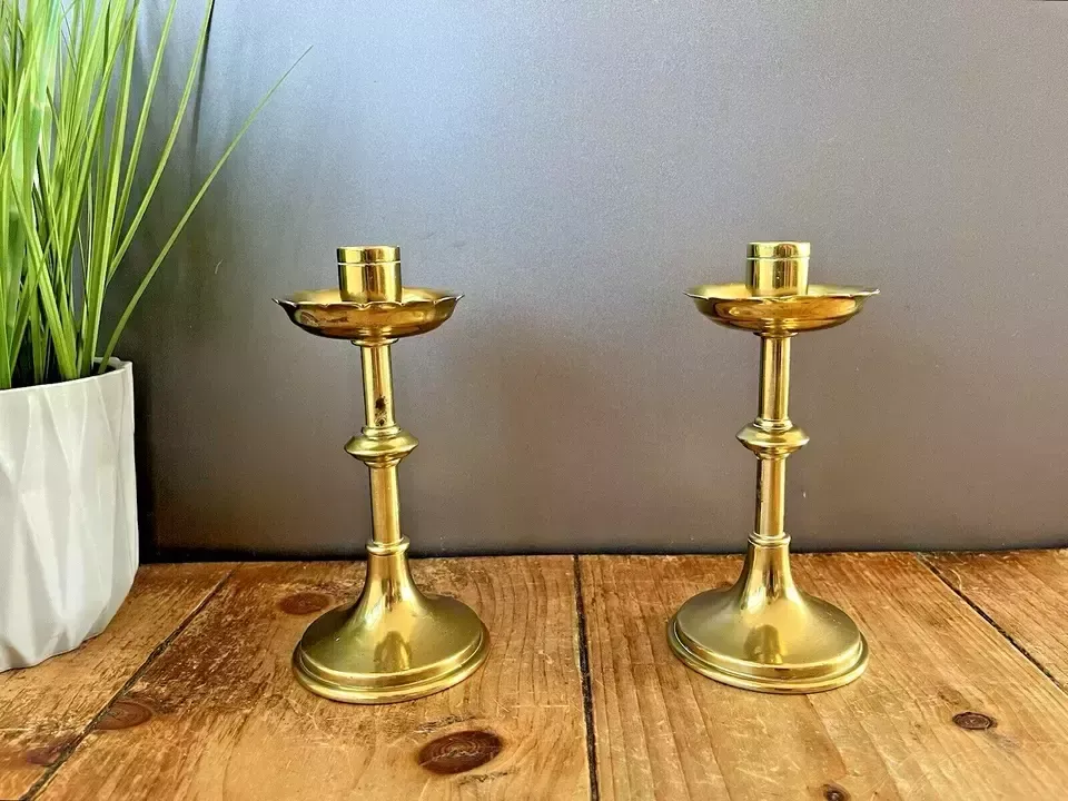 Pair Of Antique English Gothic Brass Altar Candlesticks Candle Holders Pugin photo vinterior