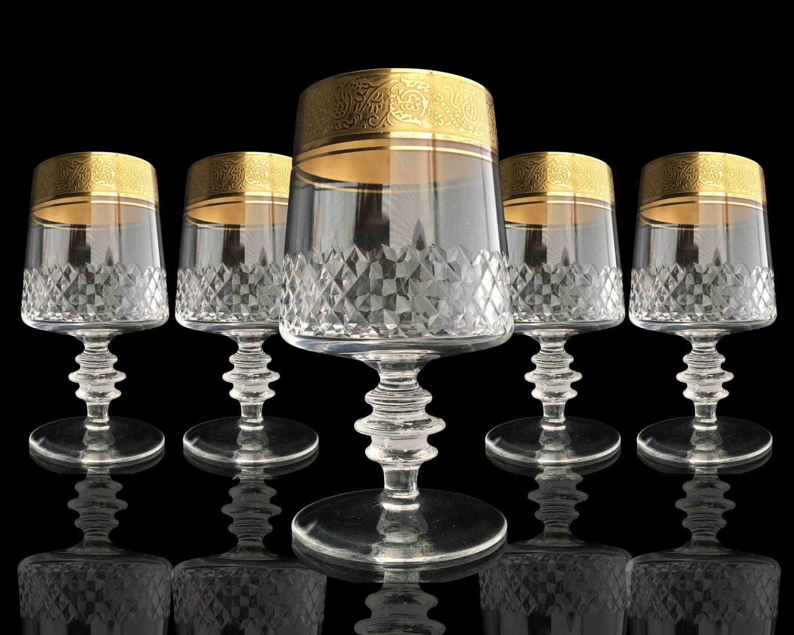 Crystal Cognac Glasses | 6pcs | Diamond Cut And 24k Gold Trim | By Theresienthal