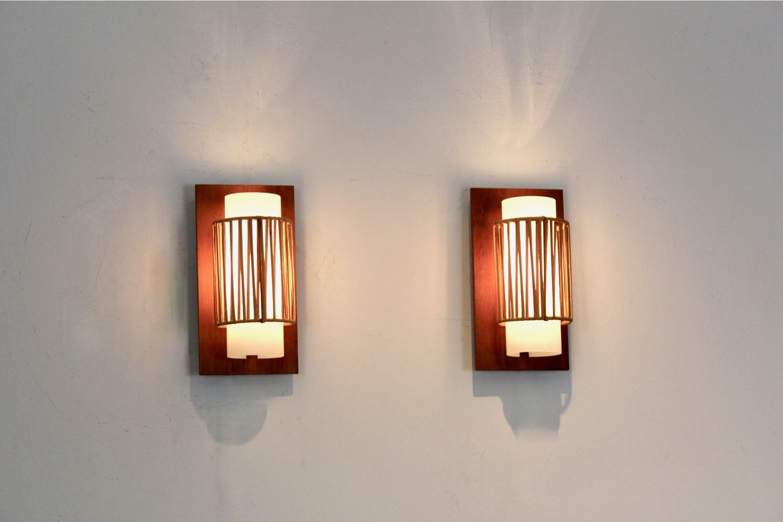 Natural Pair Of Rattan, Teak And Opaline Glass Wall Lights photo buy