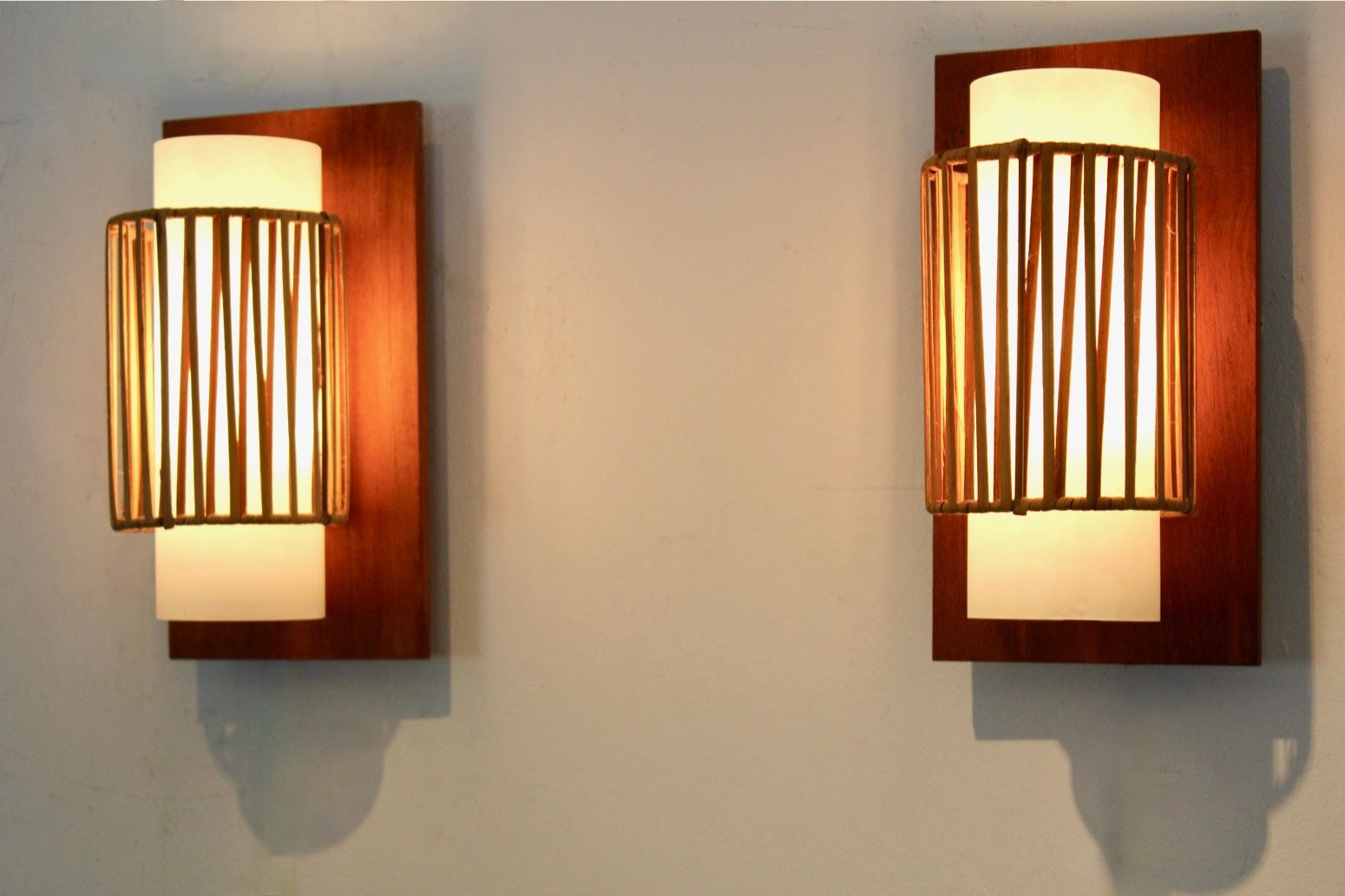 photo for sale Natural Pair Of Rattan, Teak And Opaline Glass Wall Lights