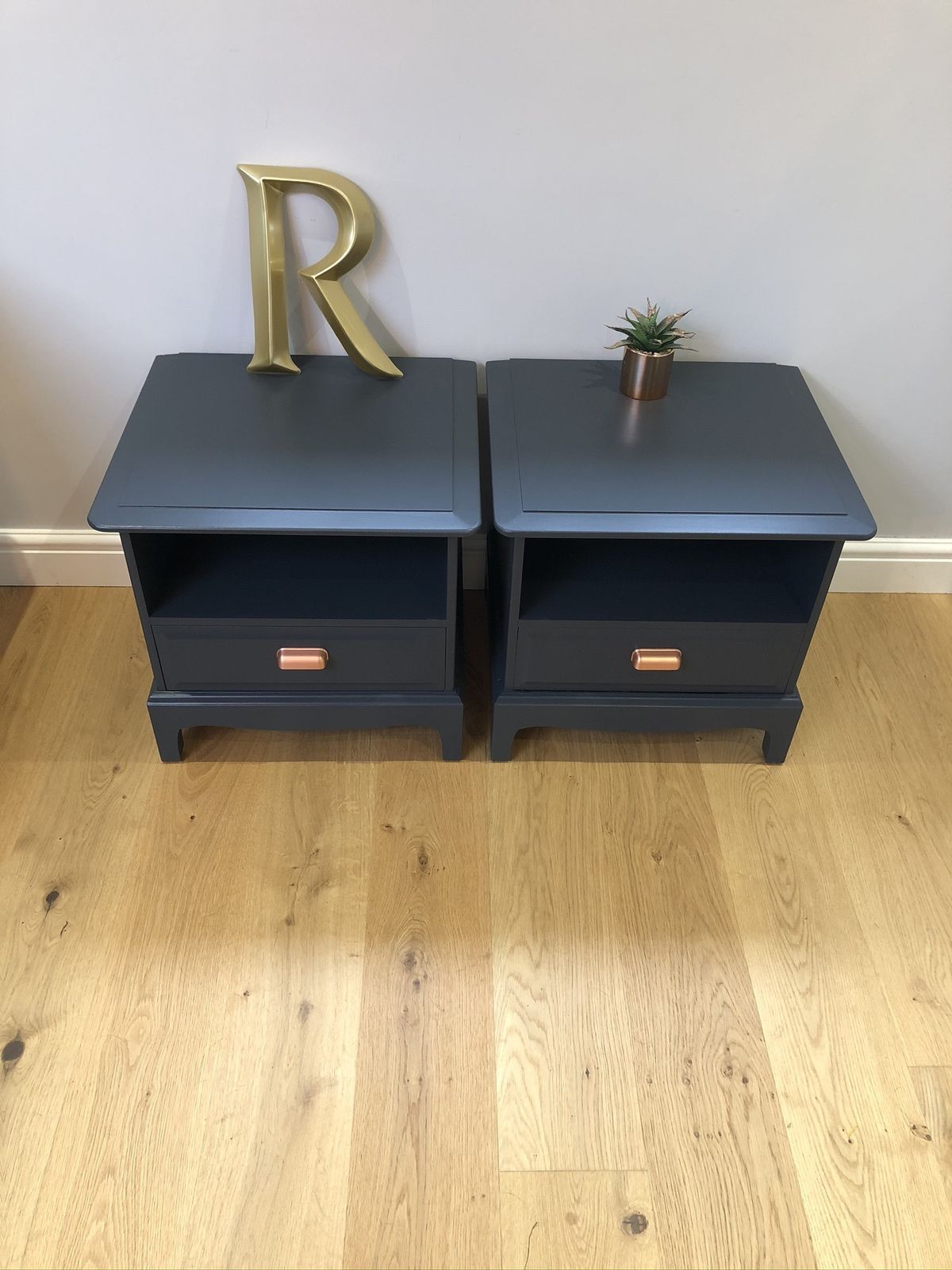 photo furniture Stag Minstrel Bedside Nightstand Pair (2) Tables Pair Cabinets Painted Blue