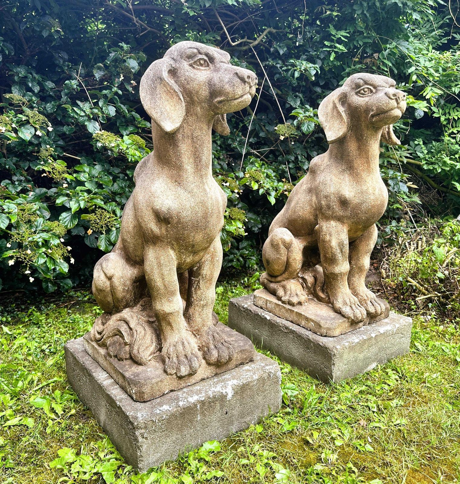 Pair Of Very Large Limestone Dogs Statues, France 1940s. photo vinterior