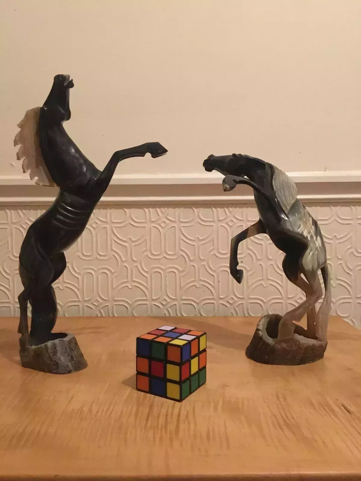 photo for sale Pair Mid Century Art Deco Carved Buffalo Horn Horse Sculptures Modernist Vintage