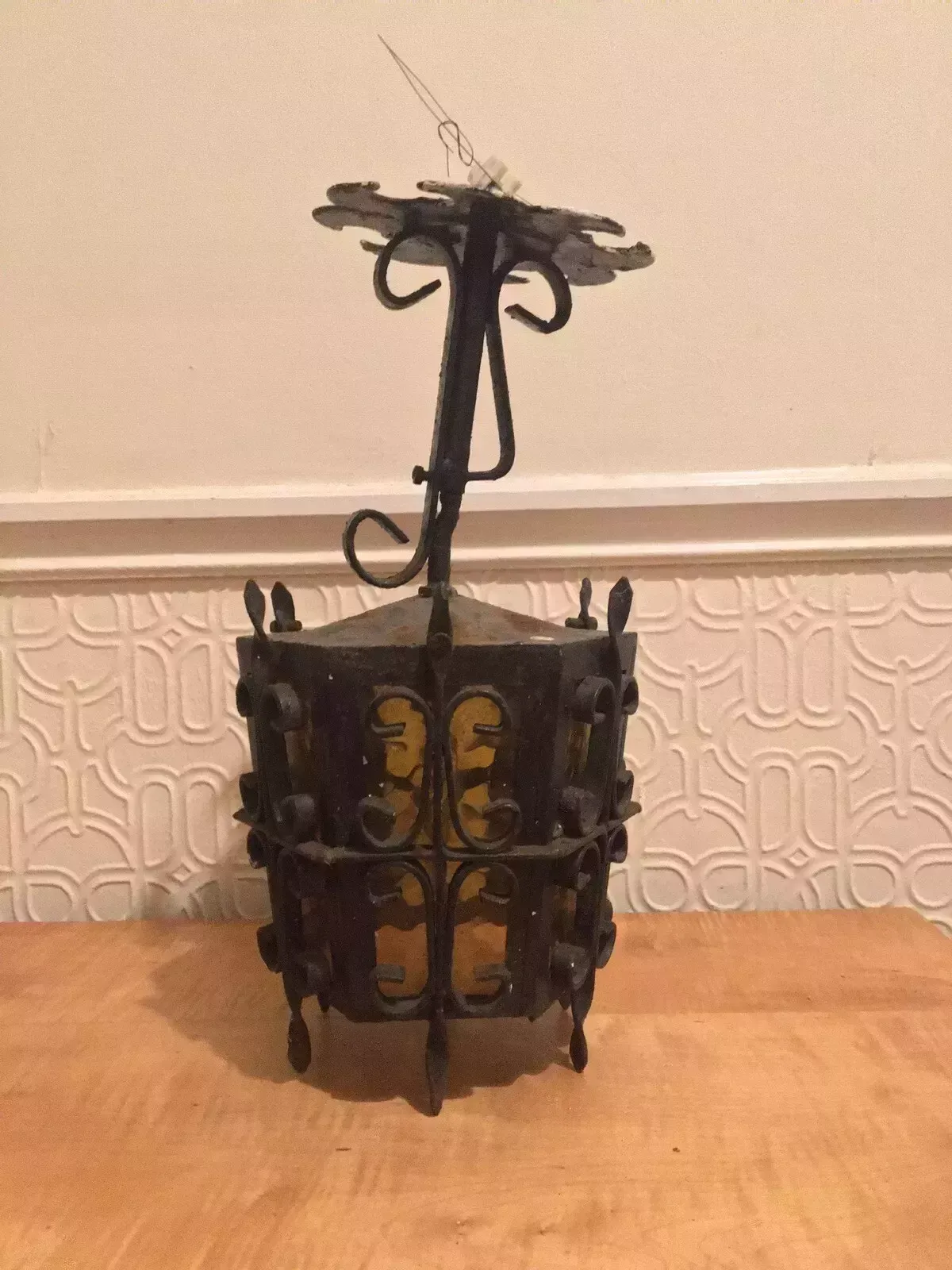 Antique Wrought Iron Porch Lantern Amber Glass Wired Arts Crafts photo furniture
