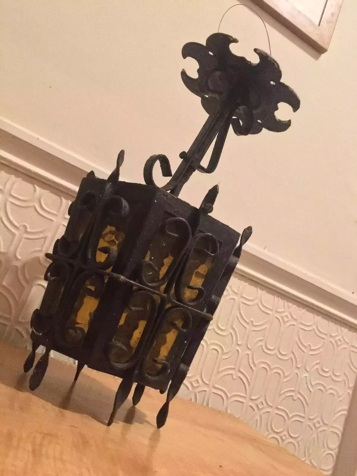 Antique Wrought Iron Porch Lantern Amber Glass Wired Arts Crafts photo for sale