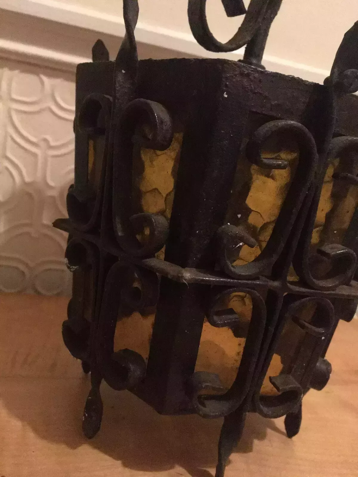 Antique Wrought Iron Porch Lantern Amber Glass Wired Arts Crafts photo Lighting