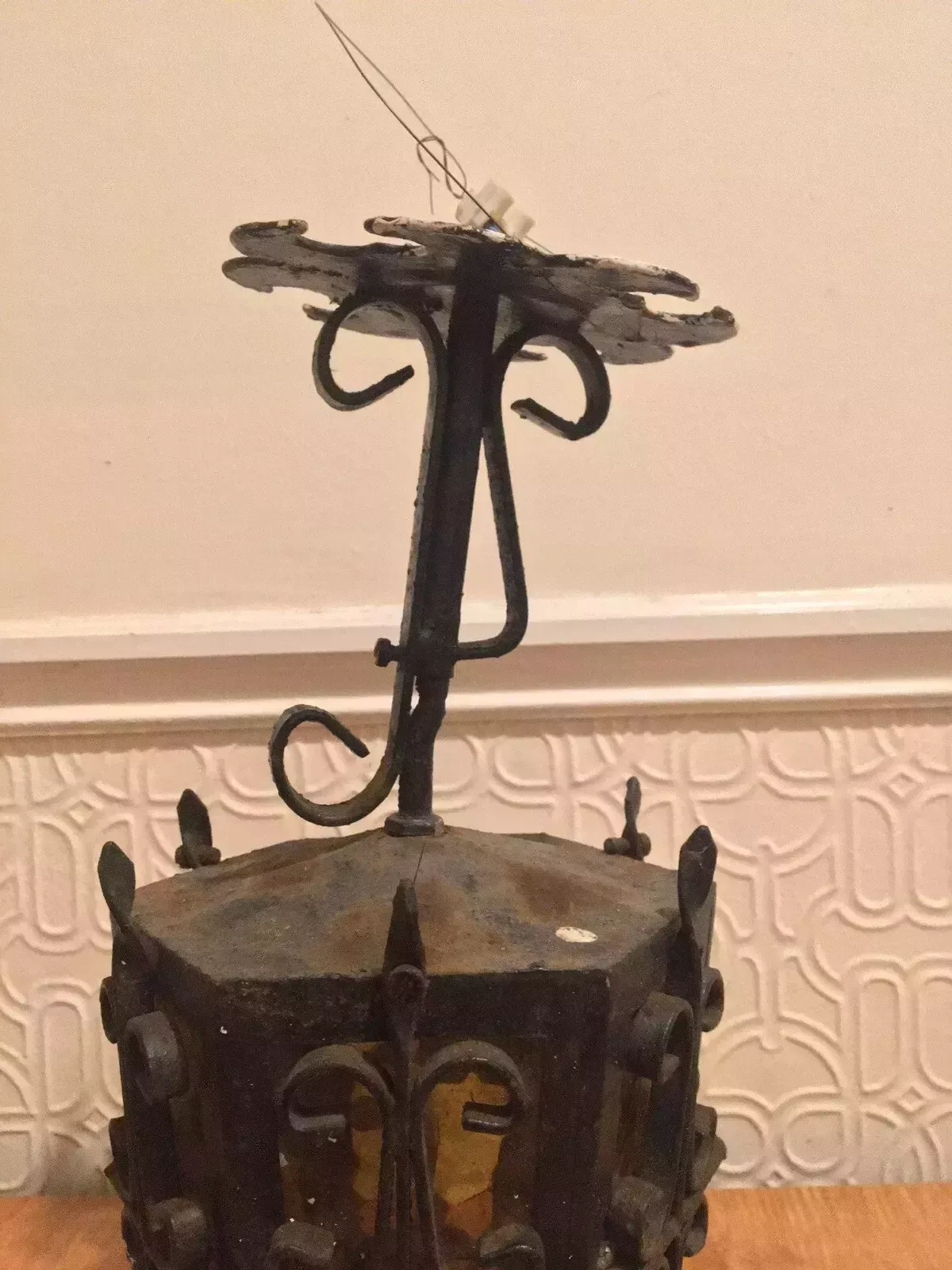 Antique Wrought Iron Porch Lantern Amber Glass Wired Arts Crafts photo buy