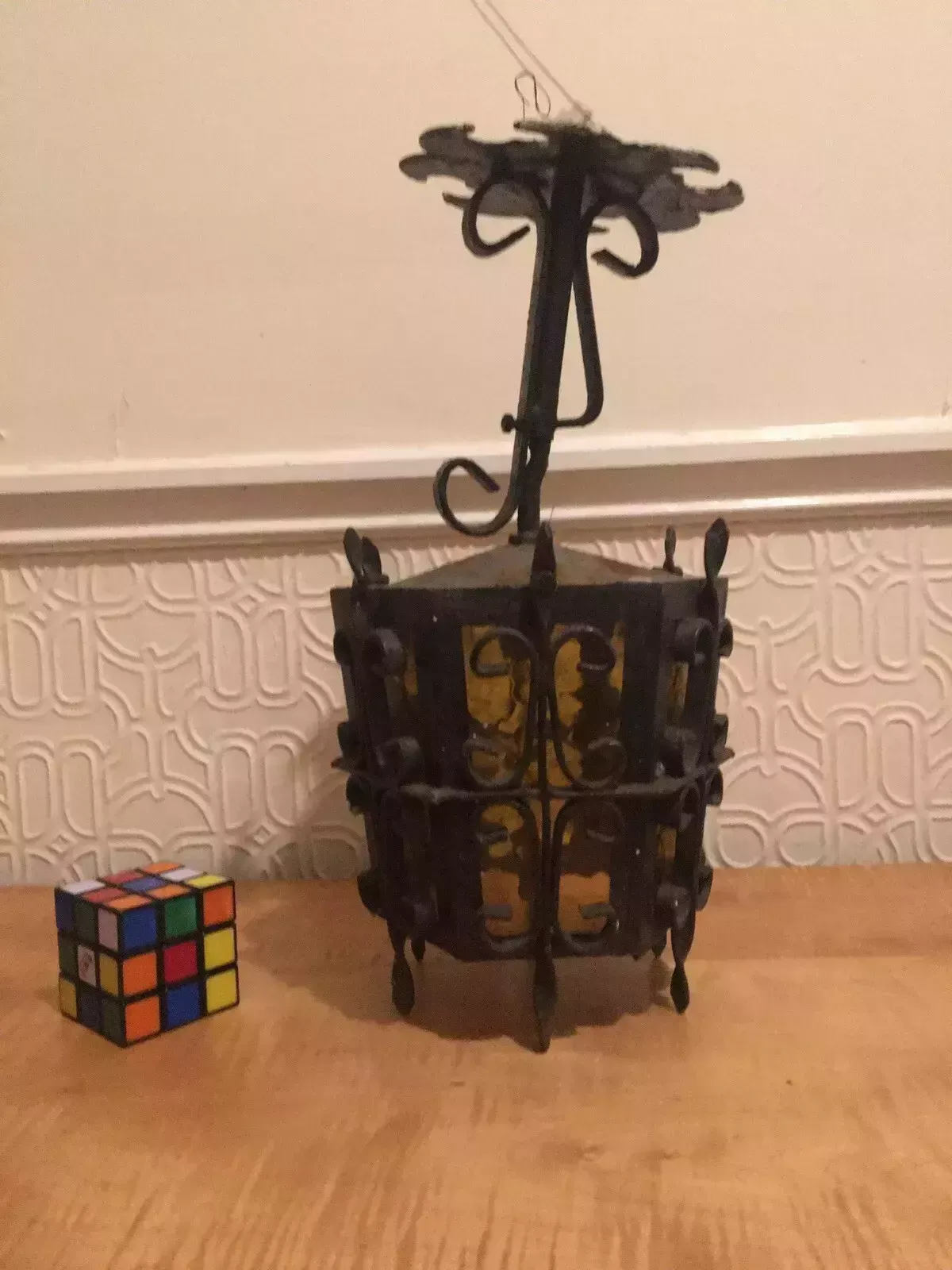 Lighting Antique Wrought Iron Porch Lantern Amber Glass Wired Arts Crafts photo