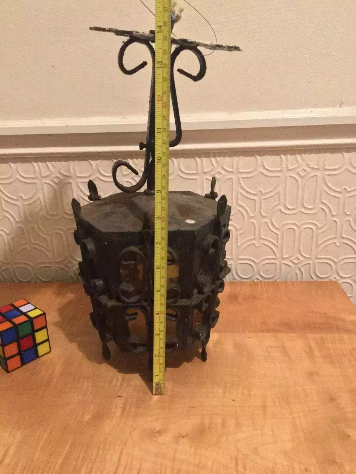 75.0 Antique Wrought Iron Porch Lantern Amber Glass Wired Arts Crafts photo