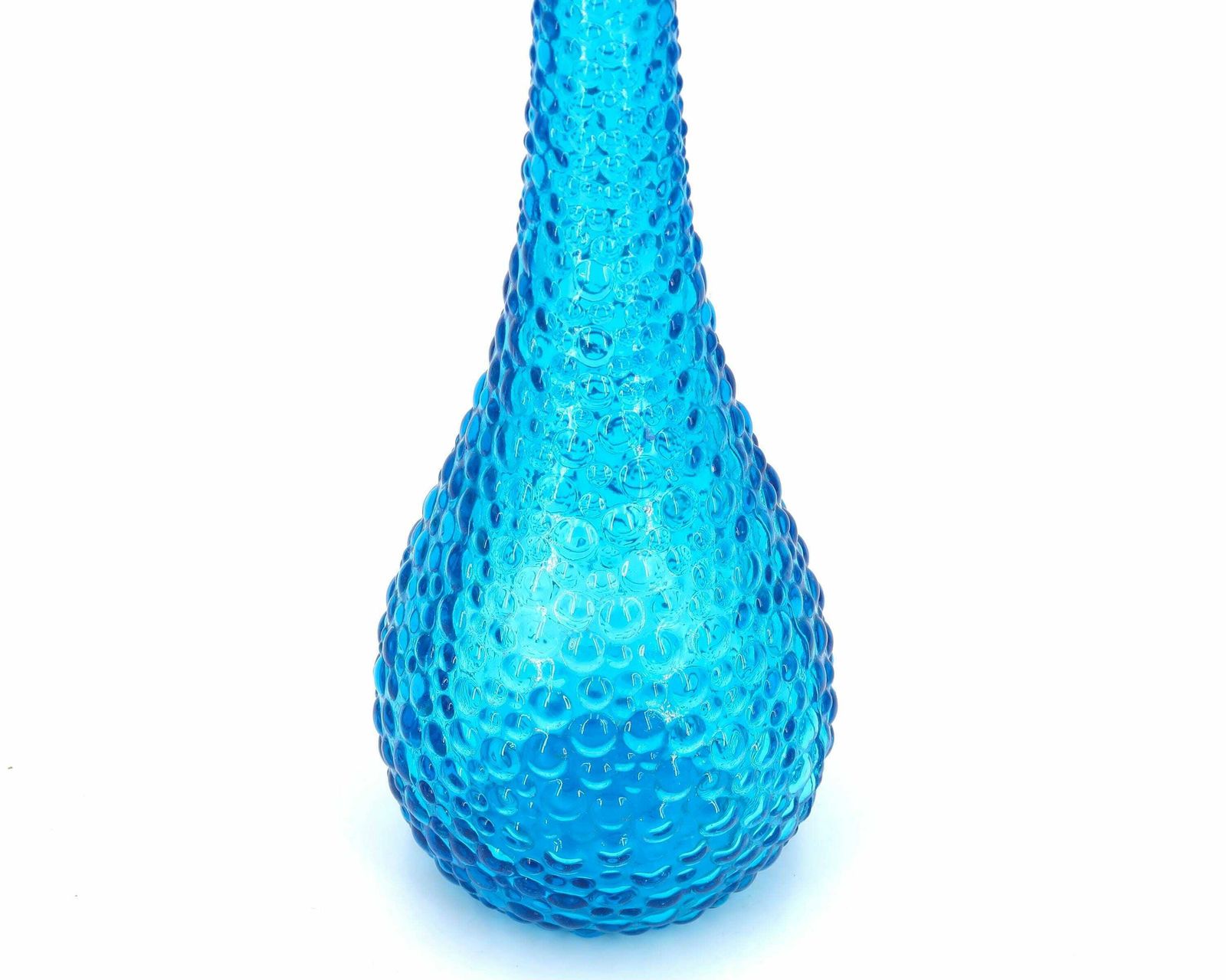 Vintage Blue Bubble Glass Genie Bottle, Italian Decanter, 1960s / Empoli, Boho Chic, Bohemian, Folk, Made In Italy photo for sale