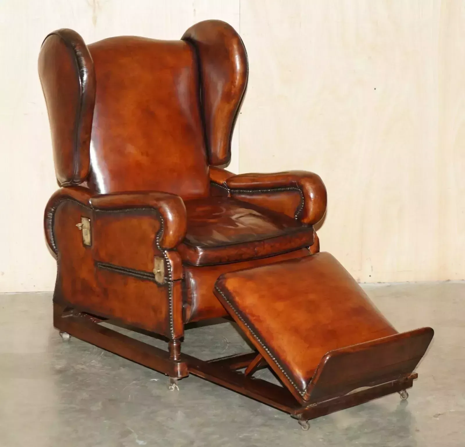 photo buy Restored J Foot & Son Adjustable Reclining Easy Armchair Hand Dyed Brown Leather