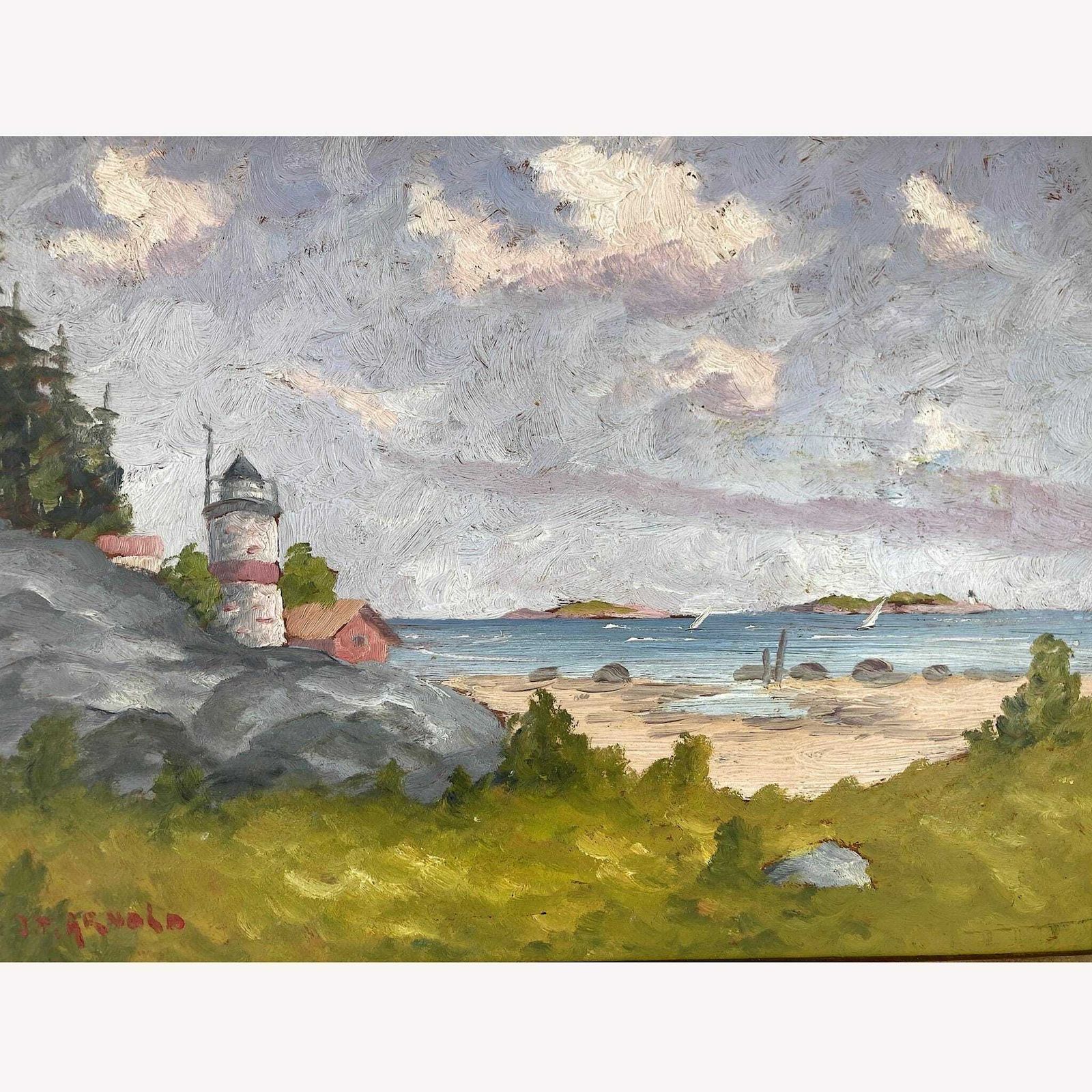 Coastal View In Summer   Vintage Scandinavian Framed Oil Painting Of A Lighthouse And Sailboats By A Sandy Beach photo for sale