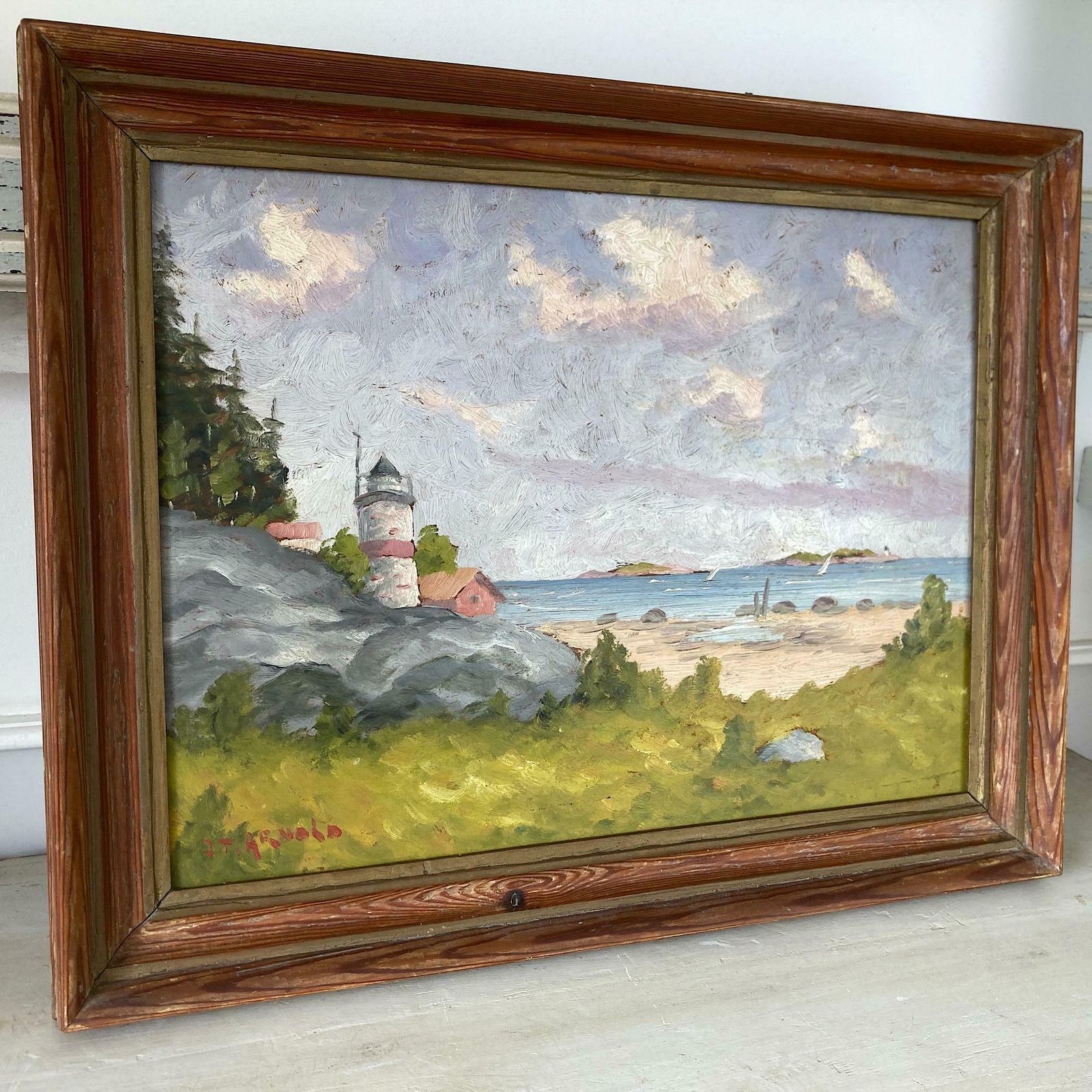Coastal View In Summer   Vintage Scandinavian Framed Oil Painting Of A Lighthouse And Sailboats By A Sandy Beach photo vinterior
