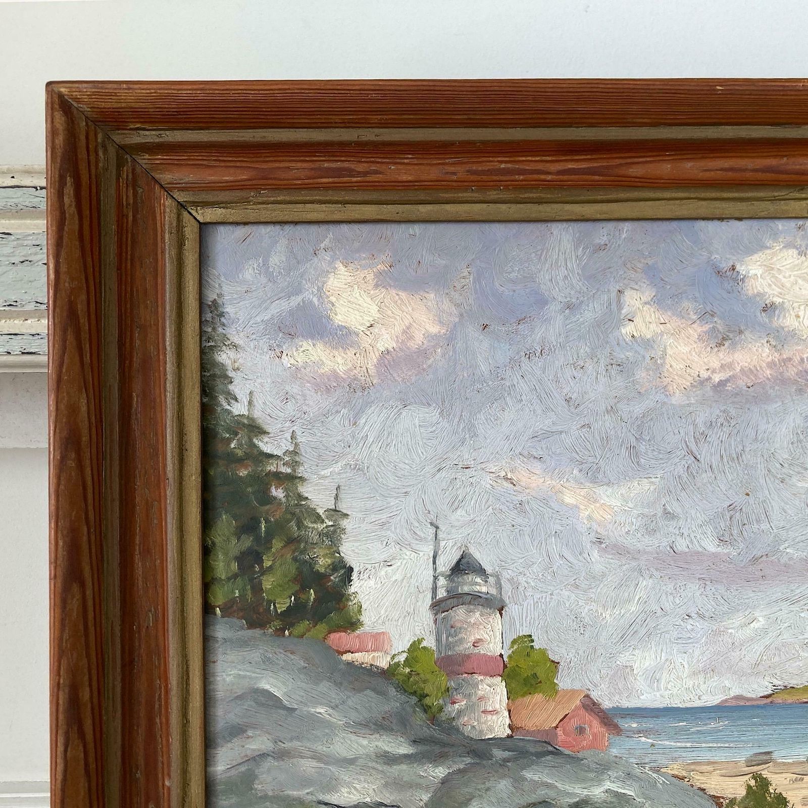 Coastal View In Summer   Vintage Scandinavian Framed Oil Painting Of A Lighthouse And Sailboats By A Sandy Beach photo buy