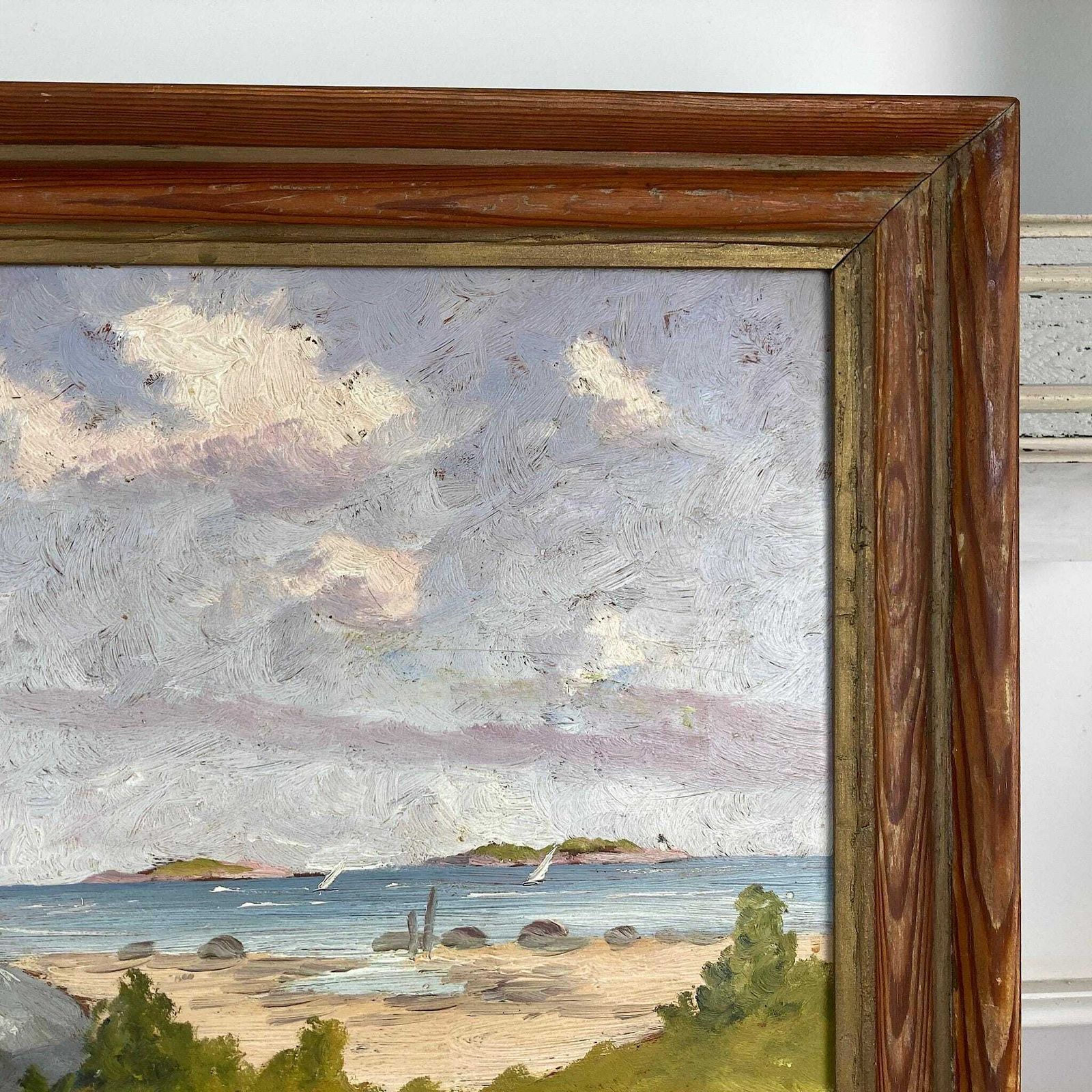Coastal View In Summer   Vintage Scandinavian Framed Oil Painting Of A Lighthouse And Sailboats By A Sandy Beach photo vintage