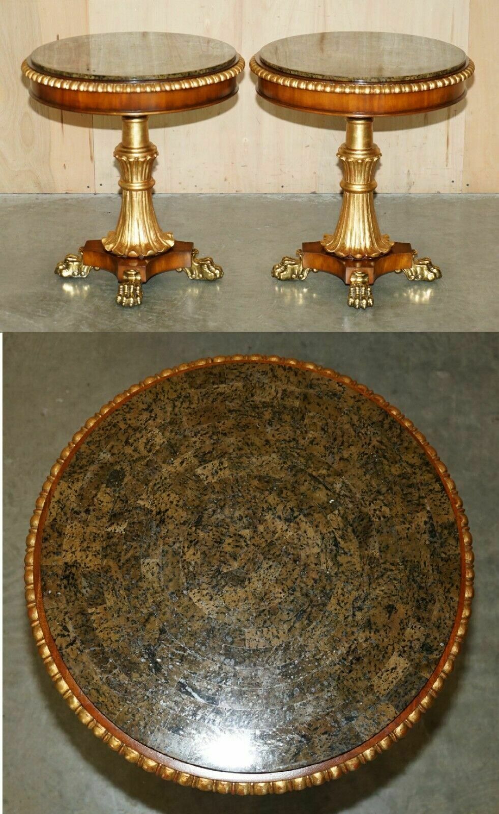 Sublime Pair Of Vintage Marble Topped Side End Tables Solid Brass Lions Paw Feet